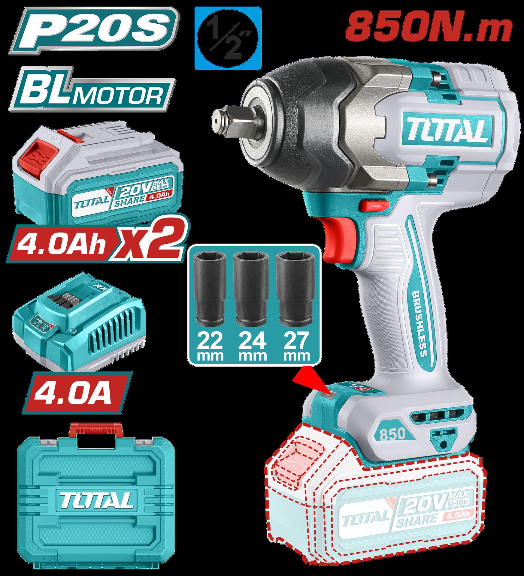 Pistola Impacto Inalambrica 12 20V 850Nm Incluye 2 Baterias 1 Cargador Industrial Super Total Utiwli2085