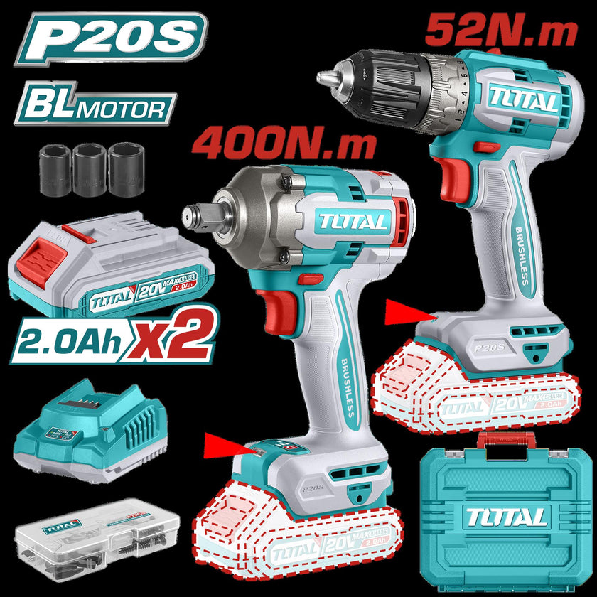 Combo Inalambrico Taladro 38 52 Nm  Llave De Impacto 12 20V 400 Nm  Incluye 2 Bateria 1 Cargador Y Accesorios Total Utckli20271