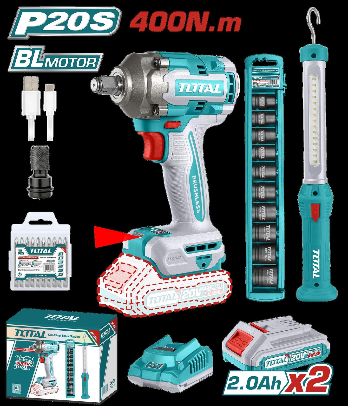 Pistola Impacto Inalambrica 12 20V 400 Nm Incluye 2 Baterias 1 Cargador 1 Lampara De Trabajo 1 Adaptador  Copas Y 10 Puntas Taladro Super Total Utosli23048