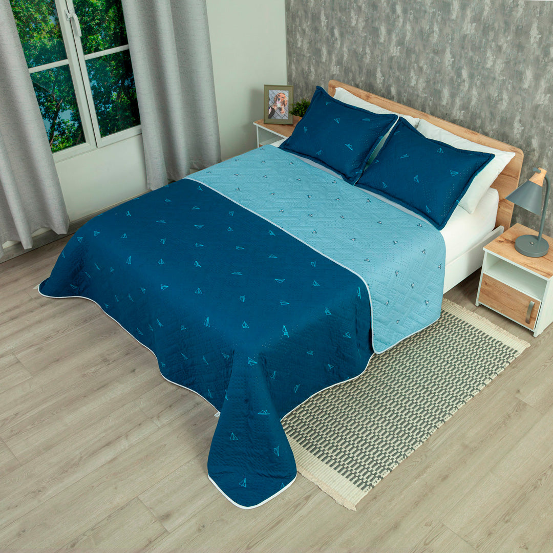 Cubrelecho Termosellado Doble Faz Cotton Sense Blue Origami