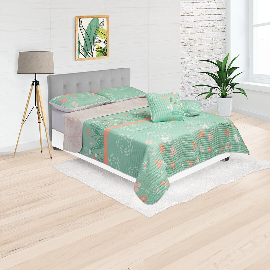 Cubrelecho Tipo Español Doble Faz Verde Beige Flores Confortable