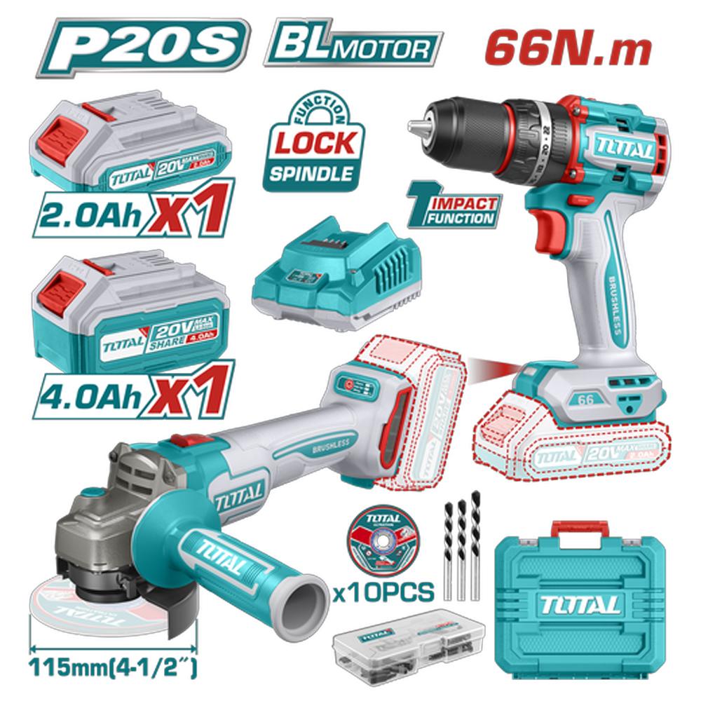 Combo Inalambrico  Taladro 12 20V 66Nm  Pulidora 4 12 Incluye 1 Bateria 20V40Ah 1 Bateria 20V20Ah Cargador 20V 10 Discos De Corte Y Accesorios Total Utckli20273