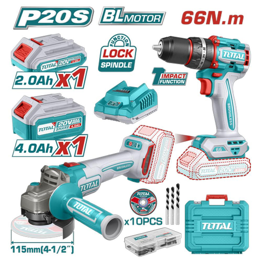 Combo Inalambrico  Taladro 12 20V 66Nm  Pulidora 4 12 Incluye 1 Bateria 20V40Ah 1 Bateria 20V20Ah Cargador 20V 10 Discos De Corte Y Accesorios Total Utckli20273