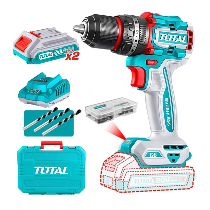 Taladro Inalambrico Percutor 12 66Nm 20V Caja Plastica Incluye 2 Baterias 20V 1 Cargador Y Accesorios Industrial Super Total Utidli20668