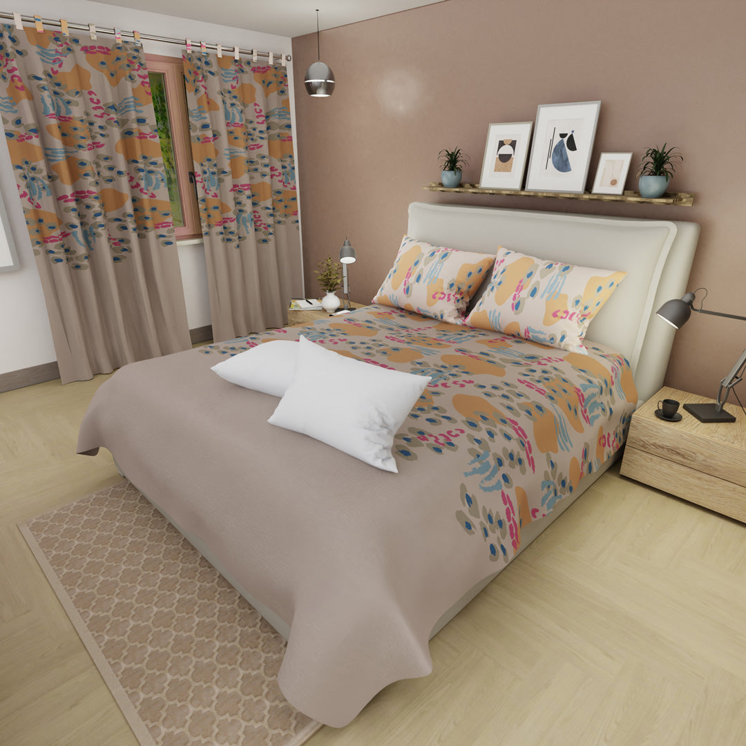 Combo Juego De Sábanas Con Cortinas Balance Naranja  Y Un Par De Almohada