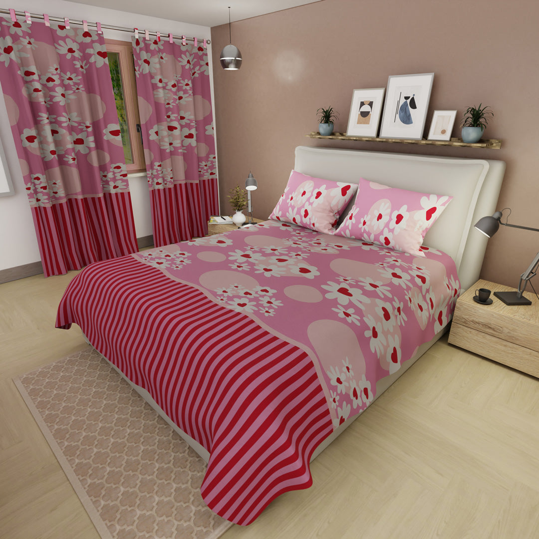 Juego De Sábanas Microfibra Suavizada Corazón  Floral Fucsia