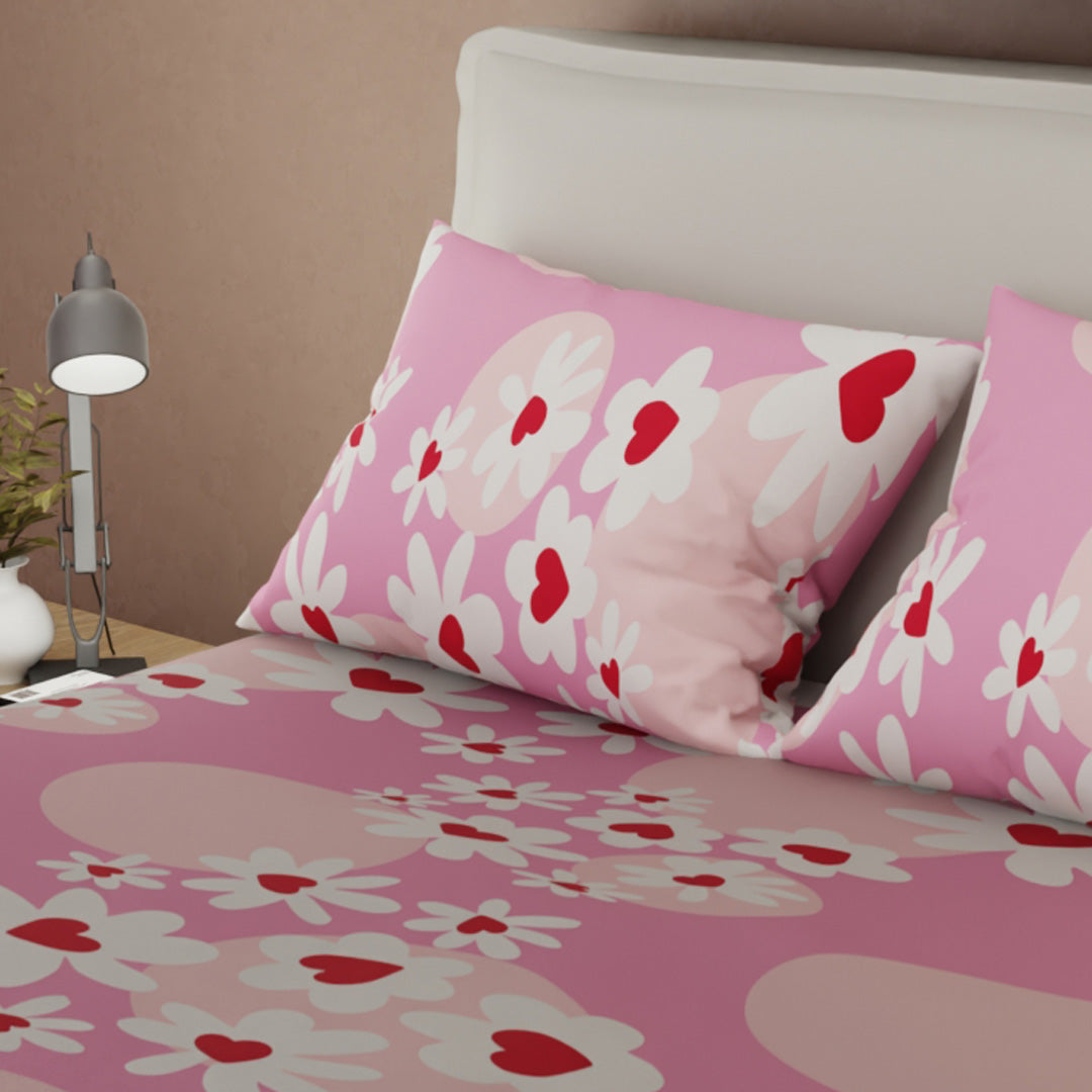 Juego De Sábanas Microfibra Suavizada Corazón  Floral Fucsia