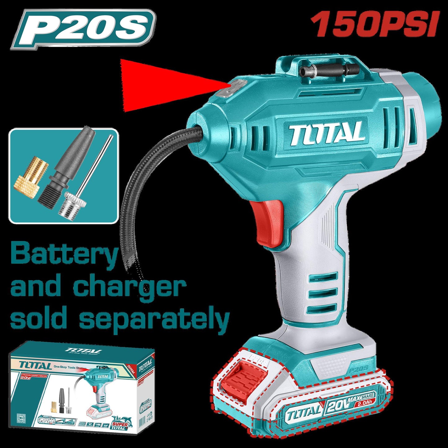 Compresor Mini Inalambrico 20V 150Psi Para Carro Bateria Y Cargador No Incluido Super Total Tacli2018