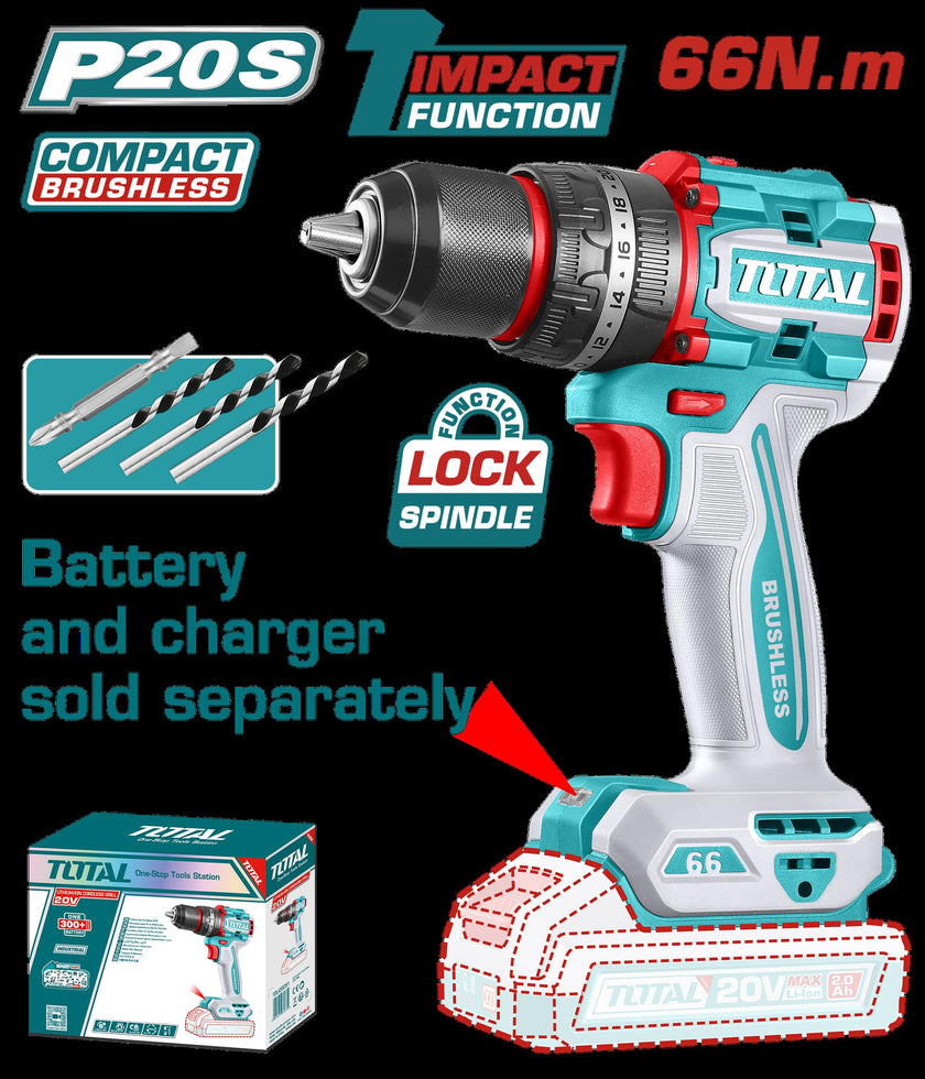 Taladro Percutor Atornillador Inalambrico 12 20V 66 Nm Bateria Y Cargador Se Venden Por Separado Incluye 4 Accesorios Industrial Super Total Tidli206681