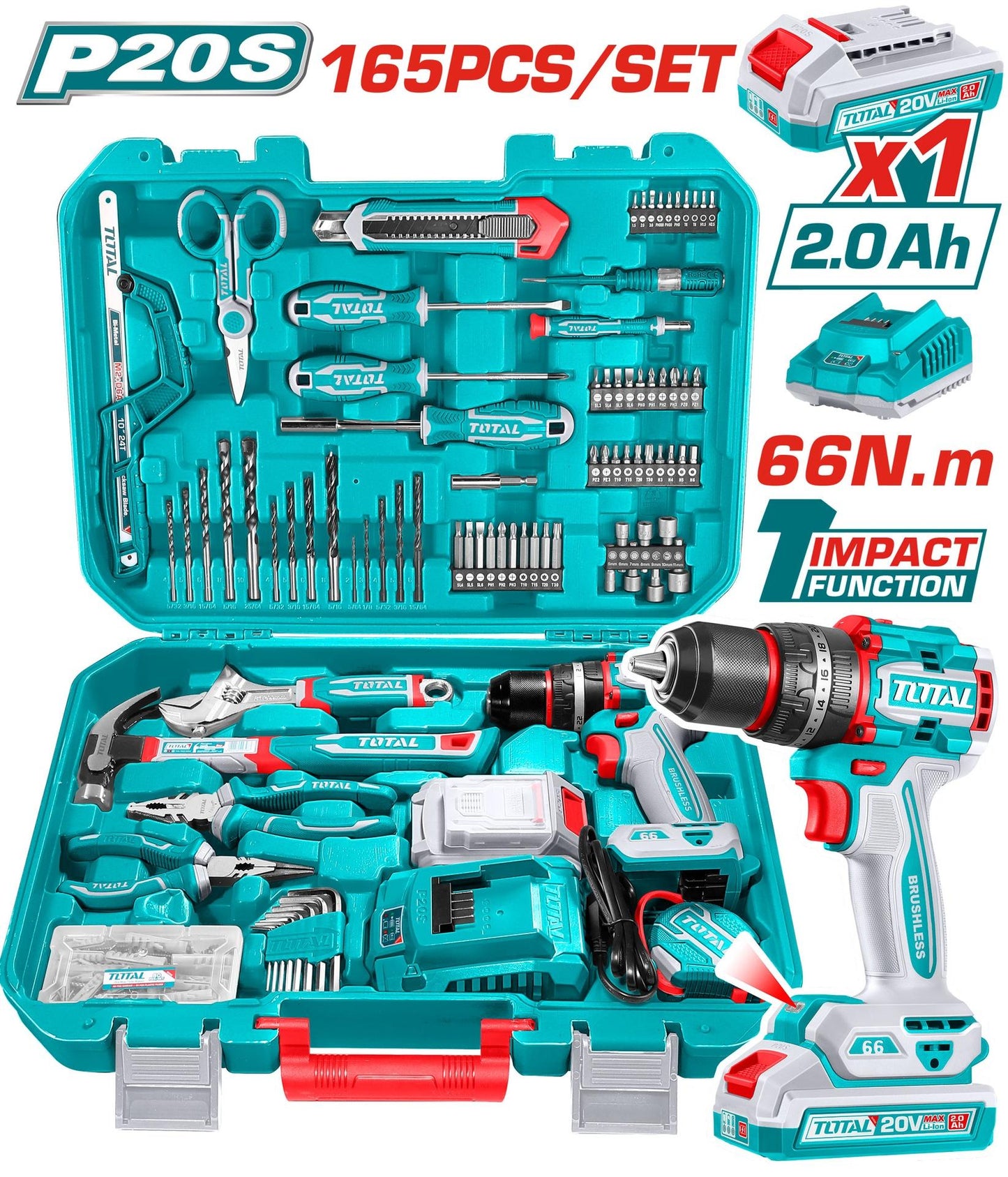 Taladro Inalambrico 12 20V 66Nm  Bateria 20V  Kit De Herramientas 165 Pzs Total Uthkthp11652