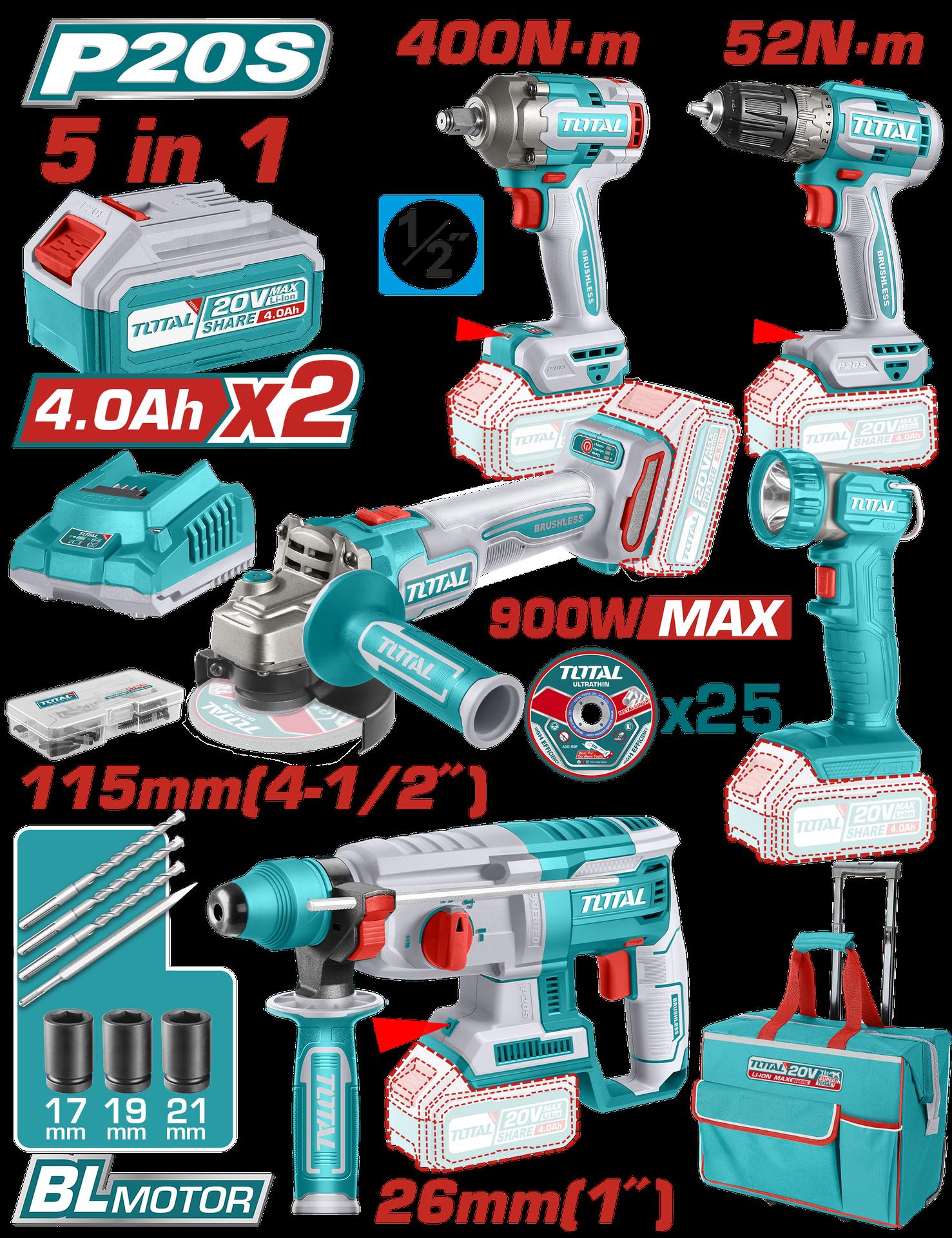 Combo Inalambrico 20V Taladro 38  52Nm  Pistola De Impacto 12 400Nm  Taladro Rotomartillo 25 Jules   Pulidora 4 12  Linterna  Incluye 2 Bateria 20V40Ah Incluye 25 Discos De Corte Y Accesorios Industrial Super Total Utckli2058