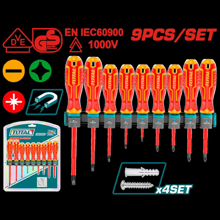 Destornillador Aislado 1000V Industrial Amarillorojo Juego X 9 Pzs  Industrial Super Total Thtis596