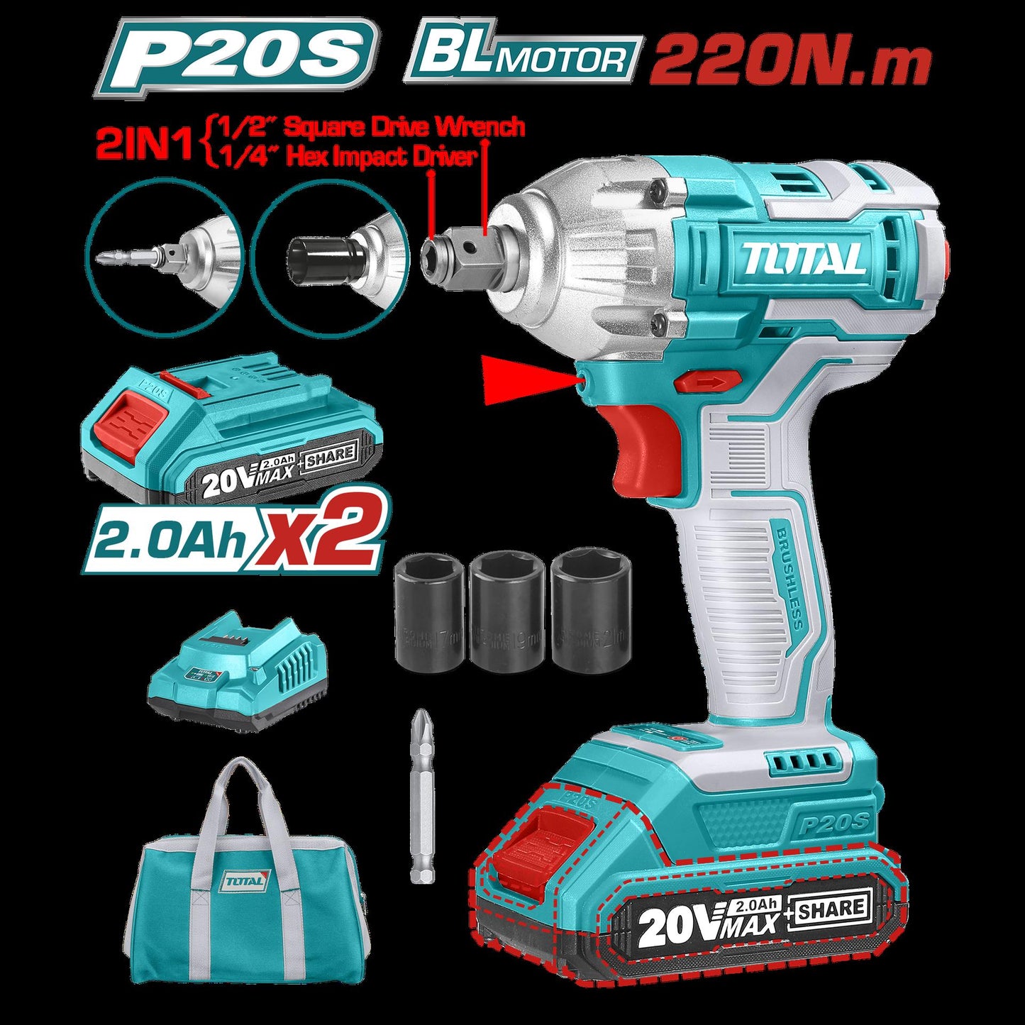 Pistola Impacto 12 20V 230 Nm Incluye 2 Baterias 1 Cargador Copas De 171921 Y Punta Destornillador Totalutiwli20236