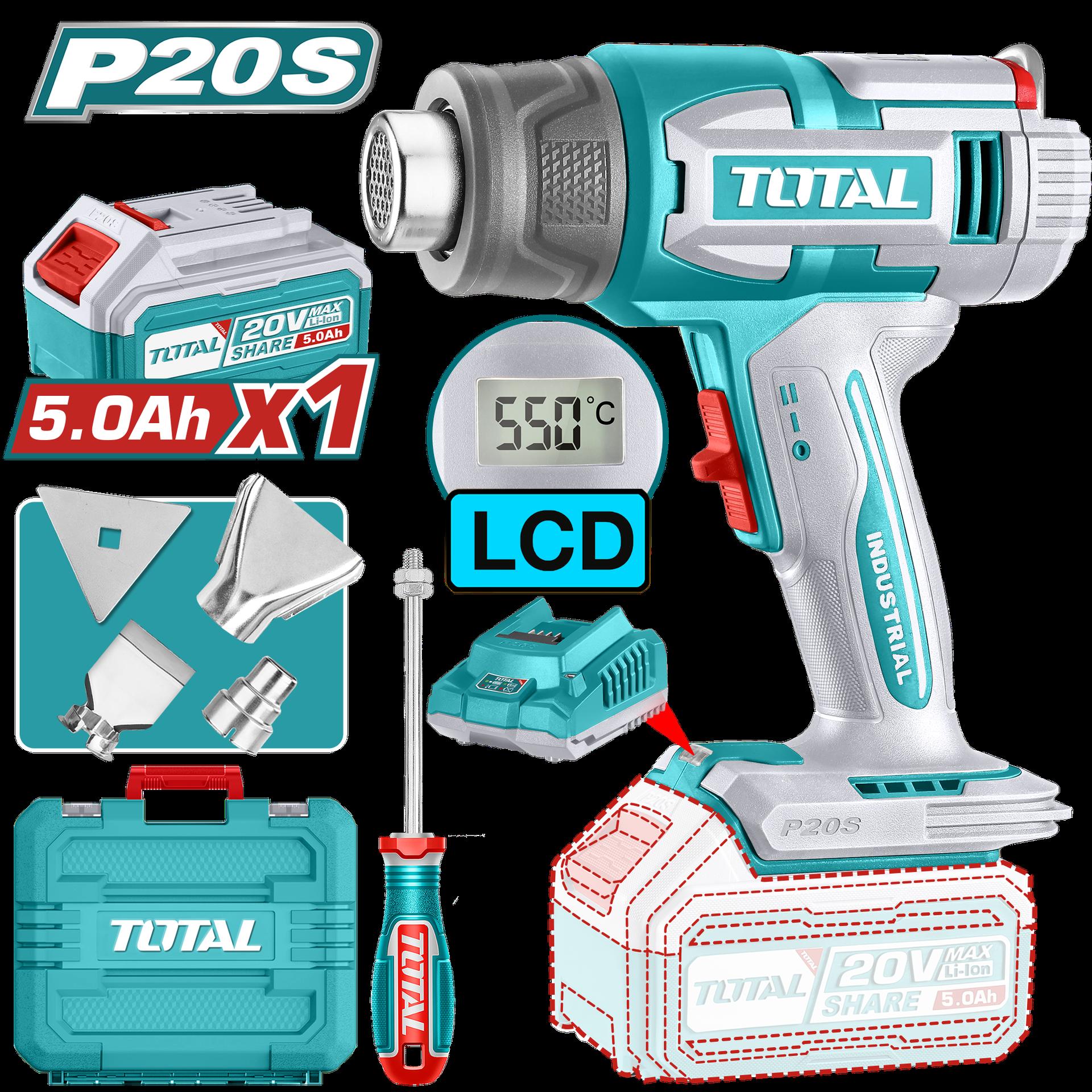 Pistola Calor Inalambrica  20V Con Temperatura Ajustable Pantalla Lcd Incluye 4 Boquillas 1 Bateria 50Ah Y 1 Cargador Industrial Super Total Utbli20035