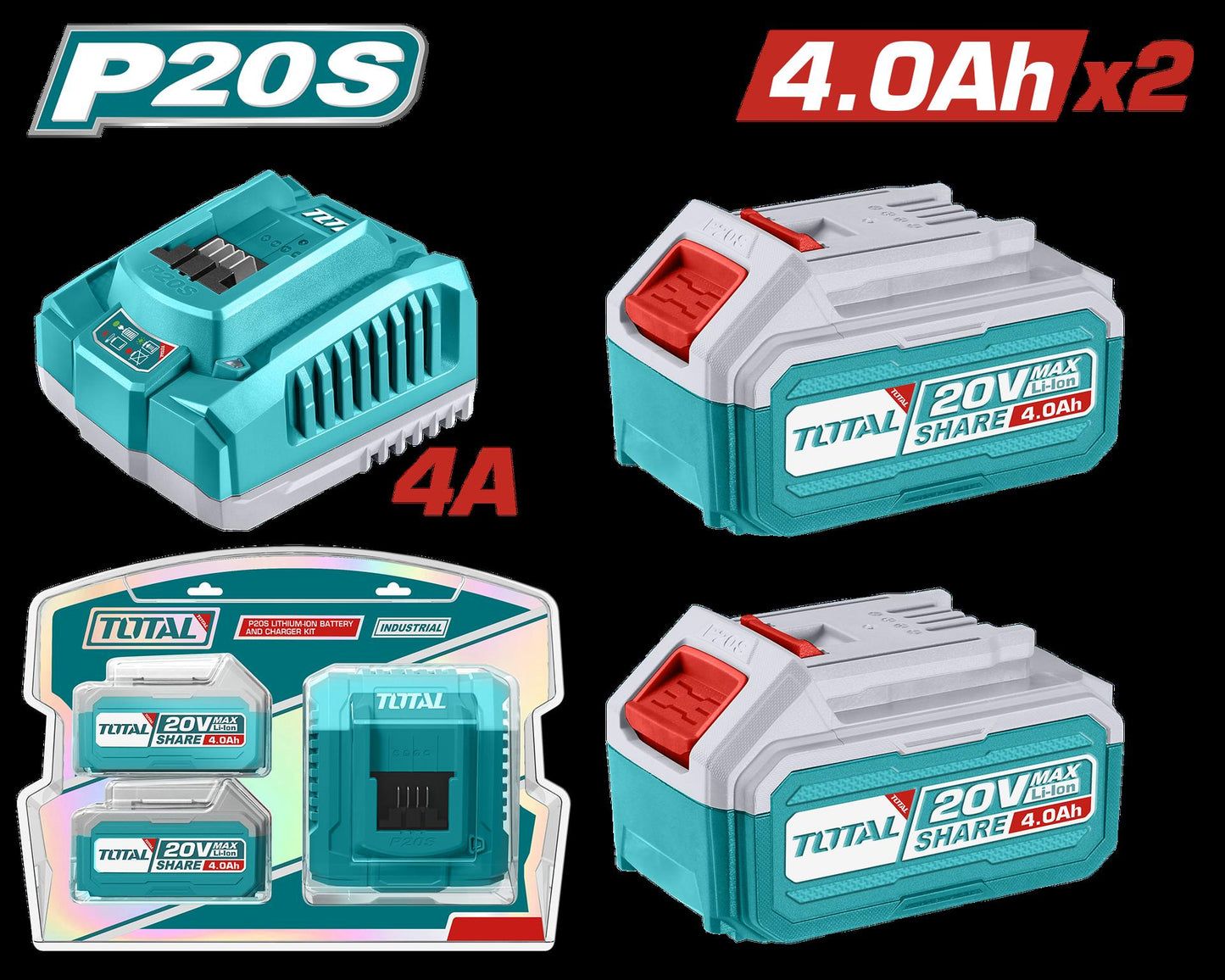 Kit De 2 Baterias 40Ah  Cargador De 20V Industrial Super Total Utfbcpk1424