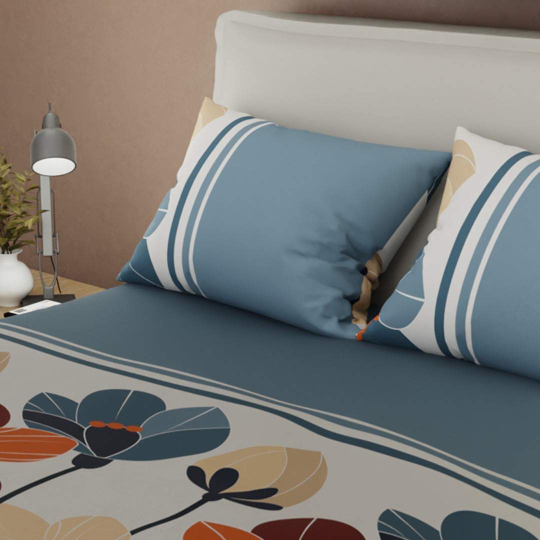 Juego De Sábanas Con Cortinas  Pradera Avellana Azul