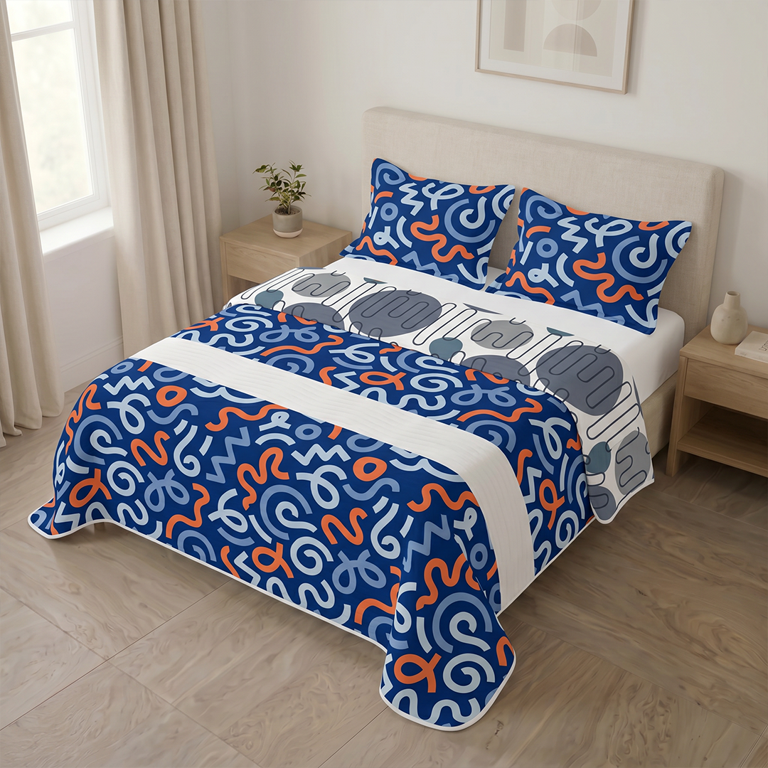 Cubrelecho Estampado Prensado Doble Faz Trazo Memphis