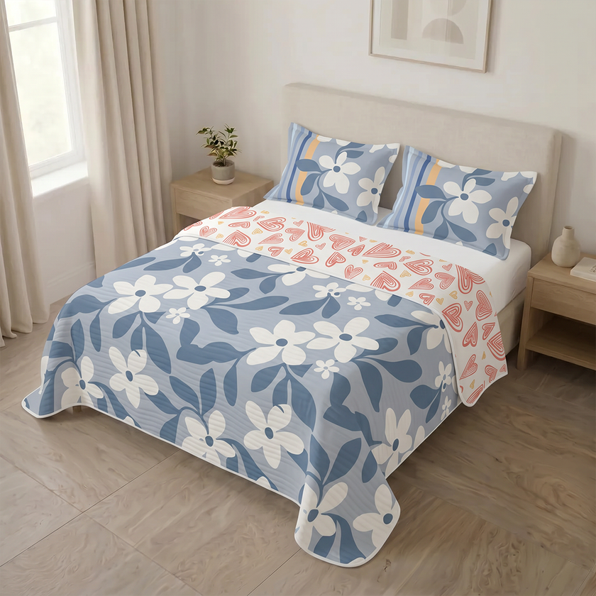 Cubrelecho Estampado Prensado Doble Faz Jardín Celeste