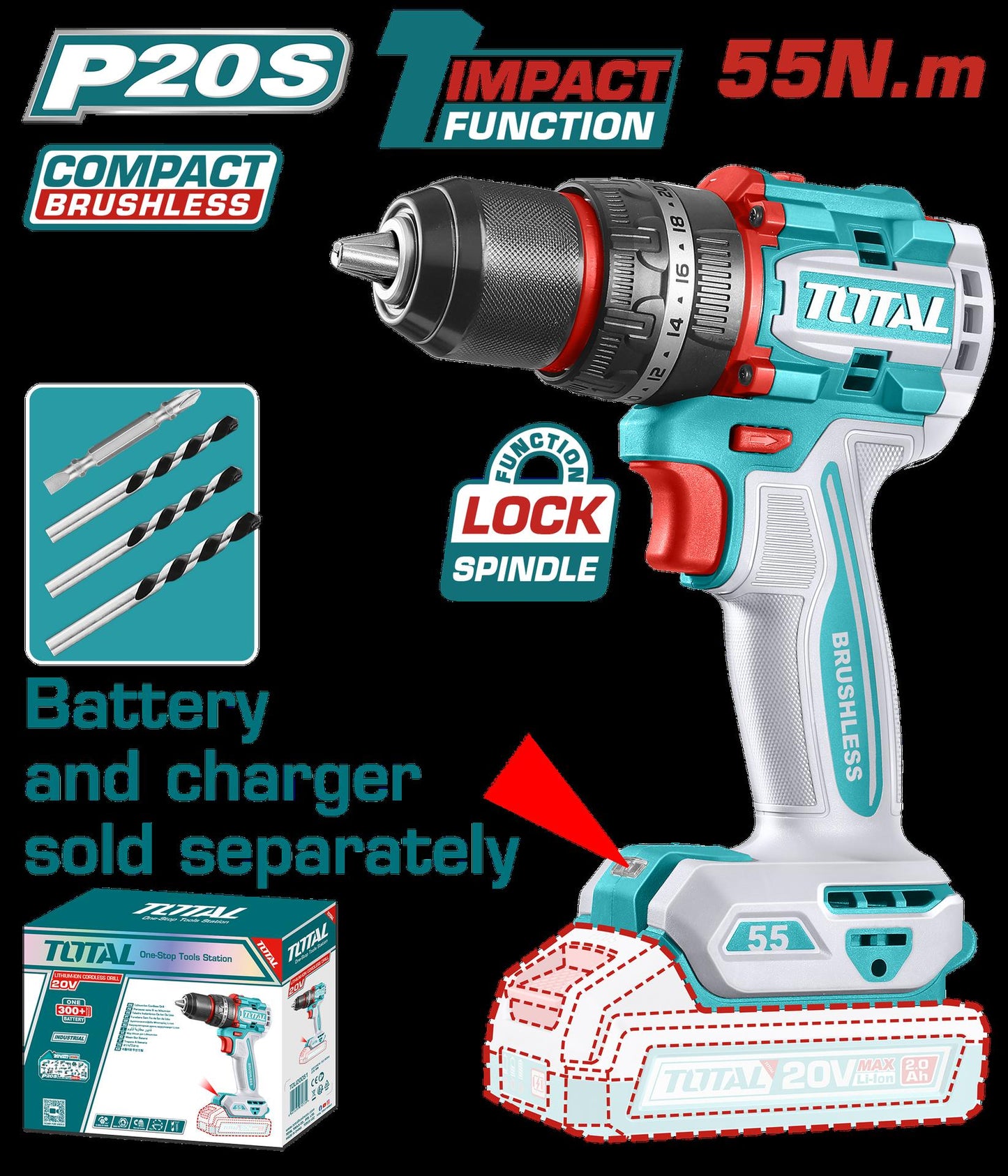Taladro Inalambrico Percutor  12 20V 55 Nm Cargador Y Bateria No Incluido Super Total Tidli205581