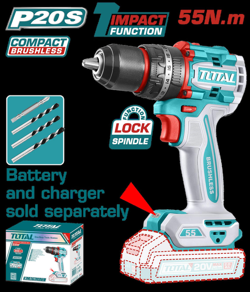 Taladro Inalambrico Percutor  12 20V 55 Nm Cargador Y Bateria No Incluido Super Total Tidli205581