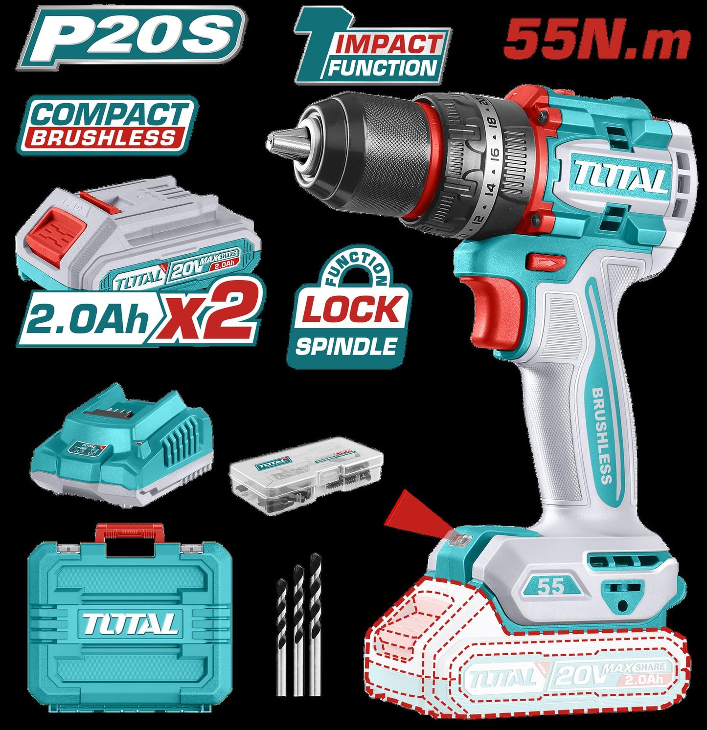 Taladro Inalambrico  Percutor 12 20V 55 Nm Incluye 2 Bateria De 20Ah Cargador47 Accesorios3 Brocas Concreto Industrial Super Total Utidli20558