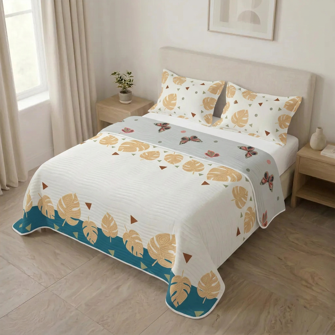 Cubrelecho Estampado Prensado Doble Faz Néctar Dorado