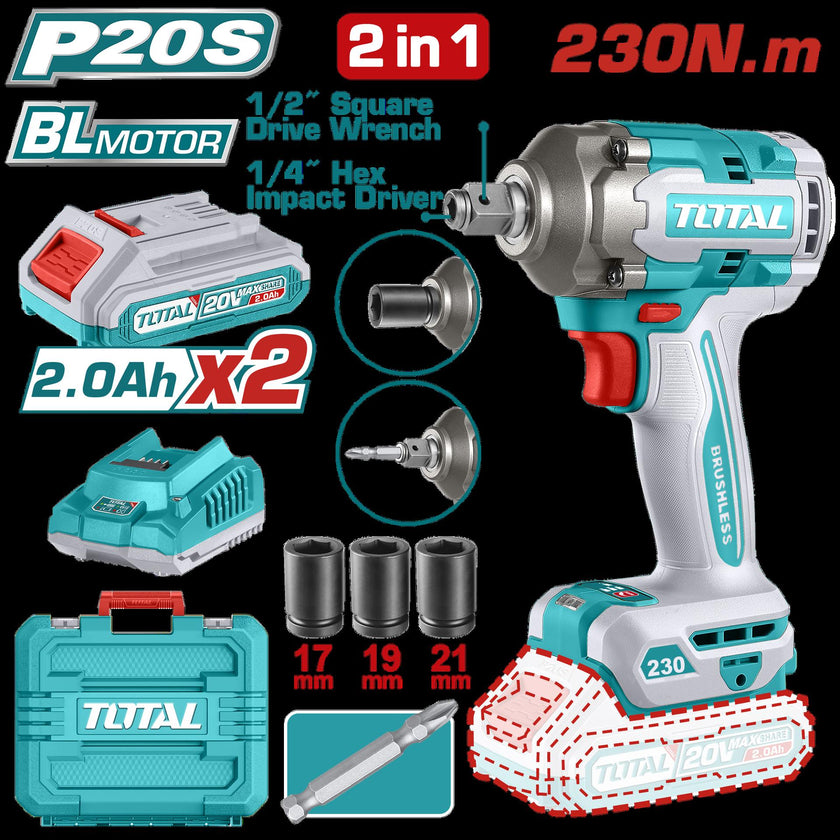 Pistola Impacto 20V  Incluye 2 Baterias 1 Cargador Copas De 171921 Y Punta Destornillador Industrial Super Totalutiwli20236A