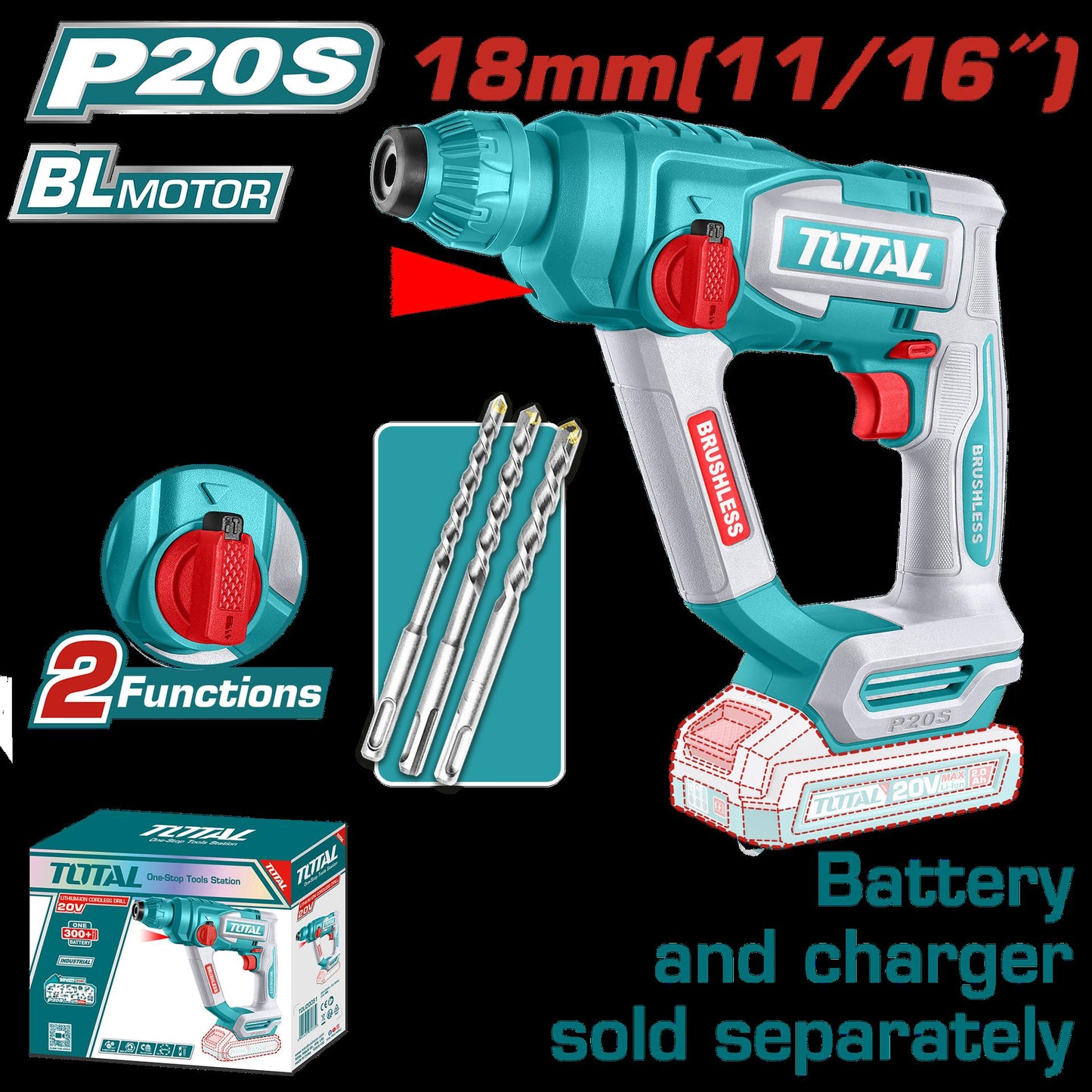 Taladro Inalambrico Rotomartillo Sds Plus 1116 Bateria Y Cargador No Incluido Super Total  Trhli20188