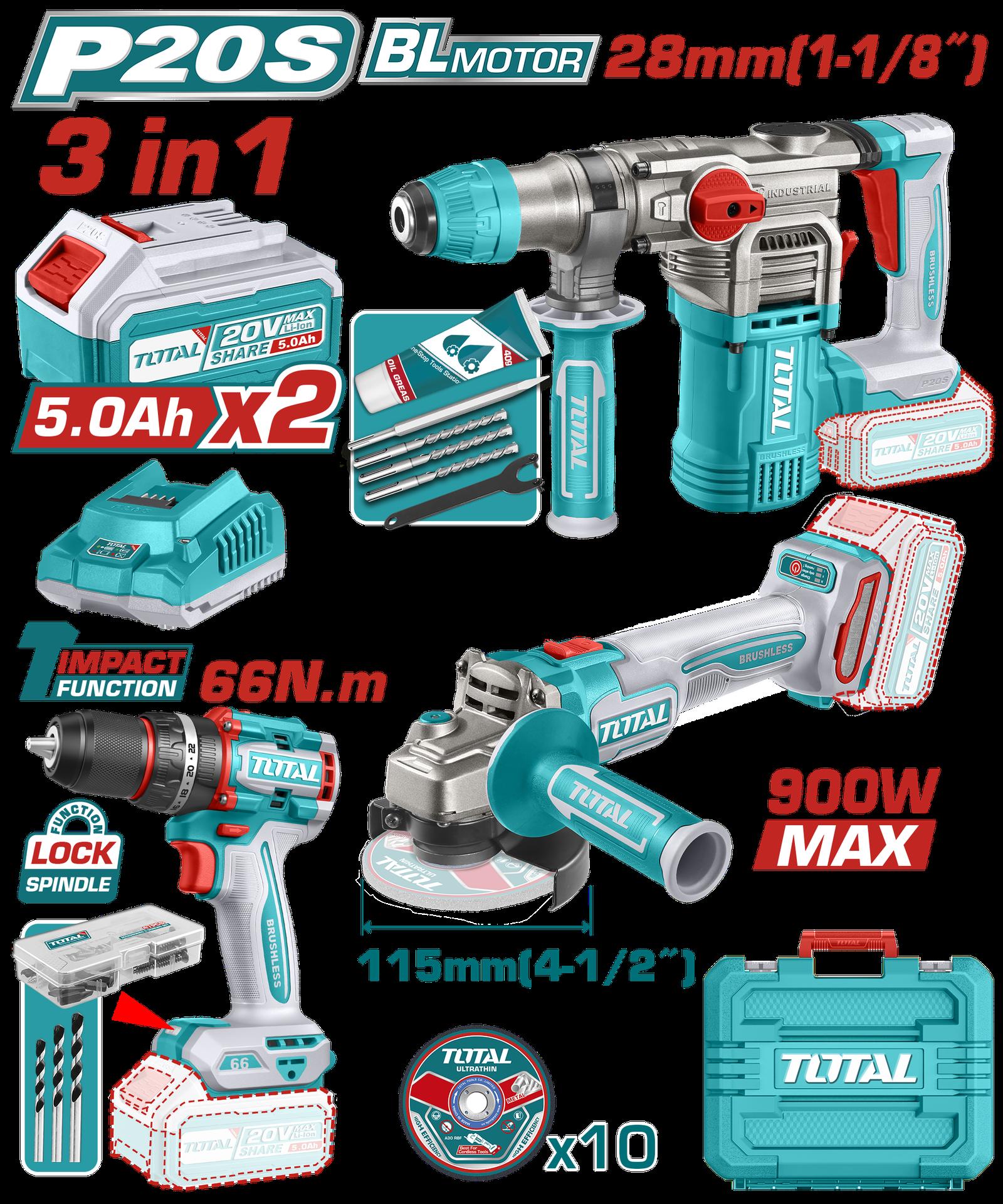 Combo Inalambrico 20V  X 3 Pzs Taladro Atornillador Inalambrico 12 66 Nm   Pulidora Inalambrica 4 12  Taladro Rotomartillo Sds Plus  45 Jules  Inlcuye 2 Baterias 50Ah  1 Cargador  10 Discos De Corte Y 47 Accesorios Industrial Super Total Utosli24