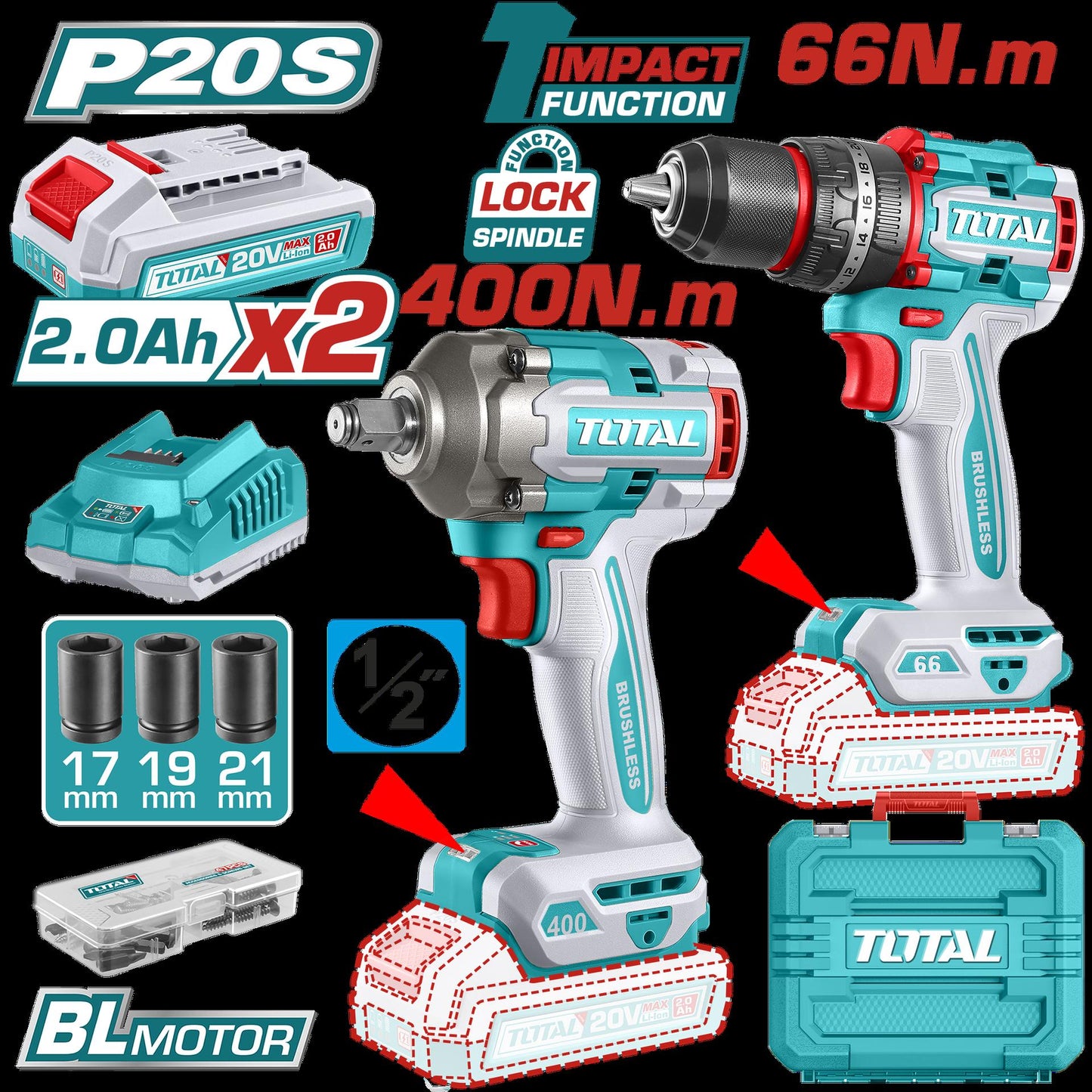 Combo Inalambrico Taladro 12 66 Nm  Pistola De Impacto 12 20V 400 Nm  Incluye 2 Bateria 20Ah  1 Cargador Y Accesorios Super Total Utckli20275