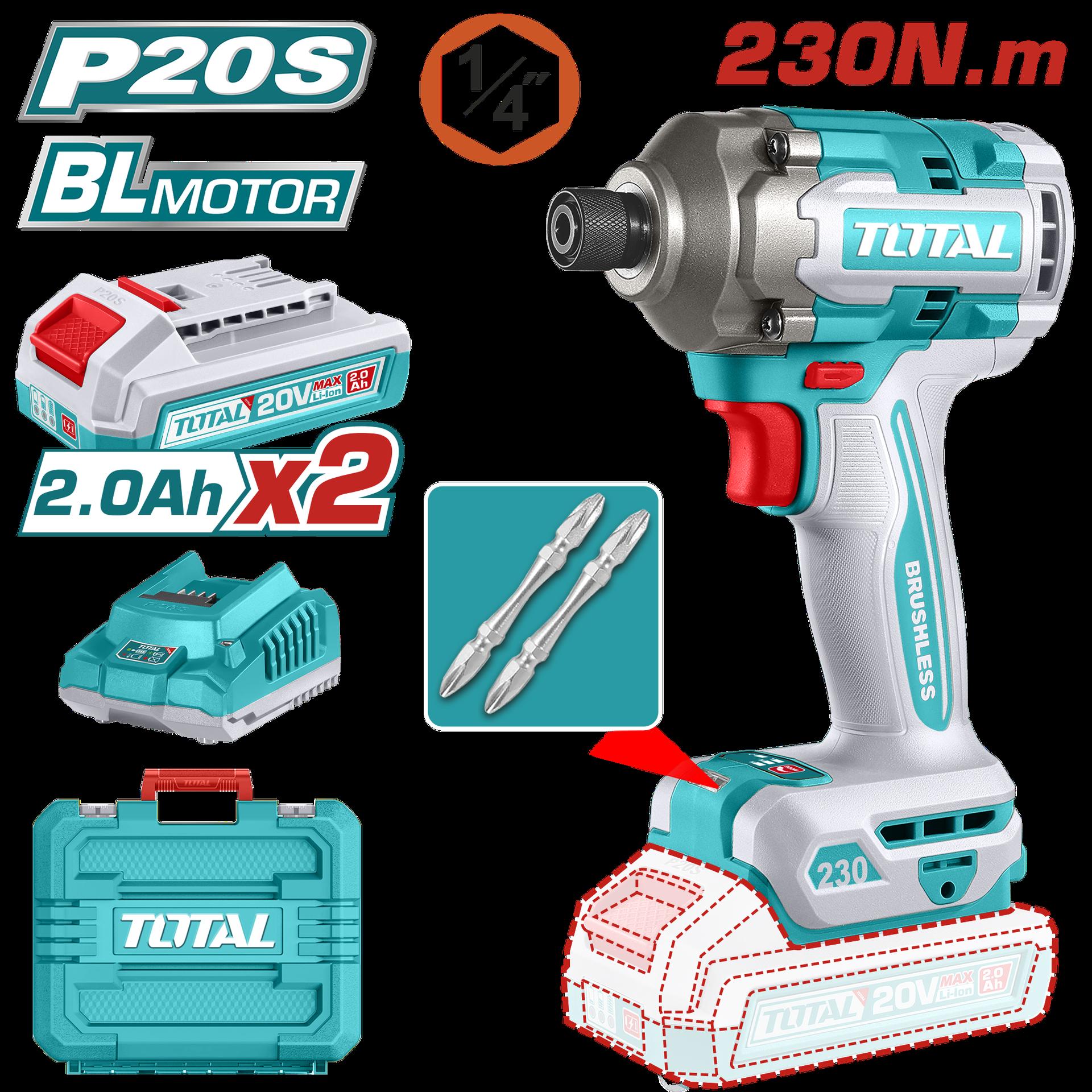 Atornillador De Impacto Inalambrico 14 20V 230Nm  Incluye 2 Baterias 2 Punta Taladro Industria  Super Total Utirli2023