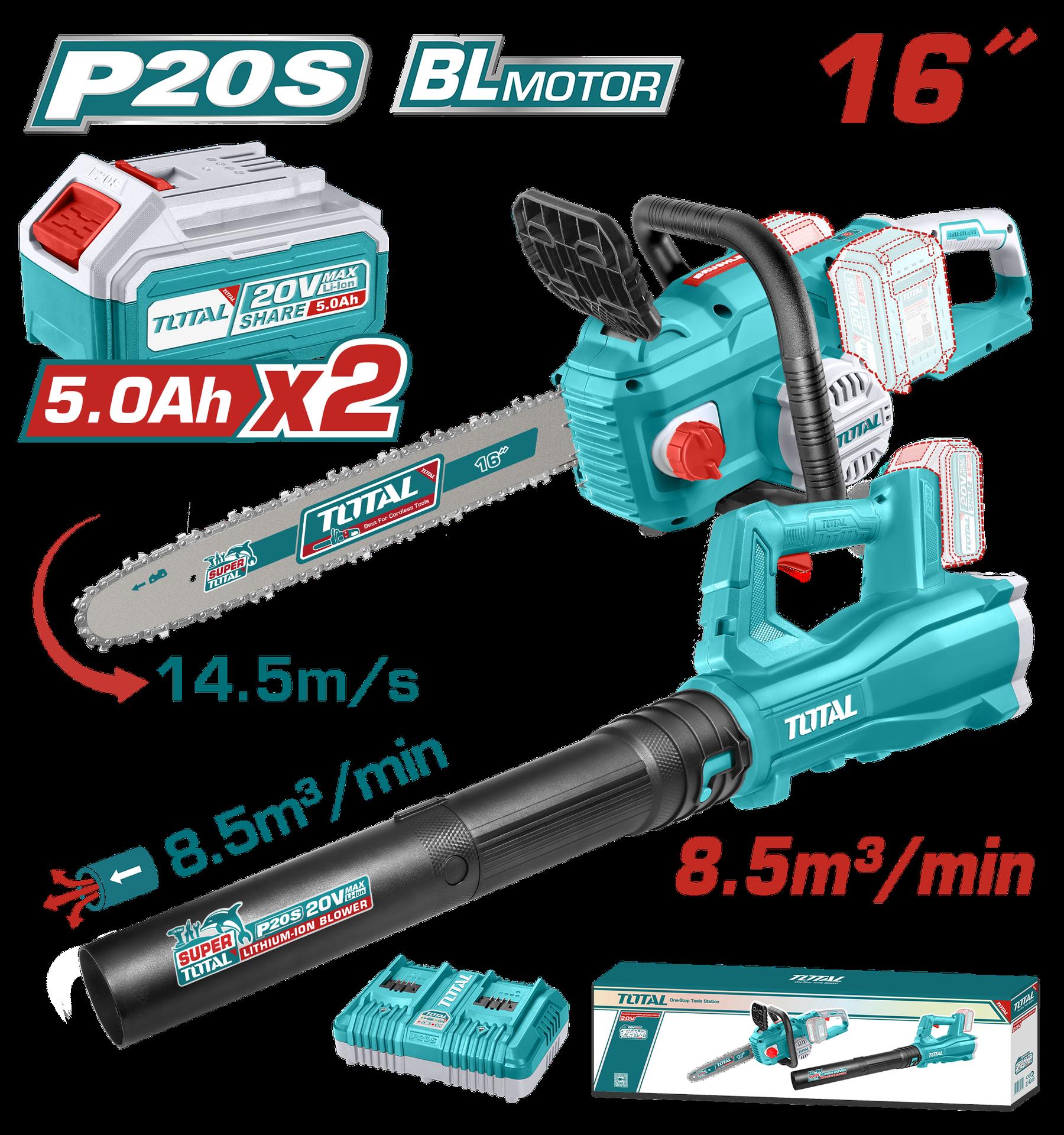 Juego De Motosierra Y Sopladora Inalambrica 20V Incluye 2 Baterias 50 Ah  Y Cargador Doble Industrial Super  Total Utosli240463