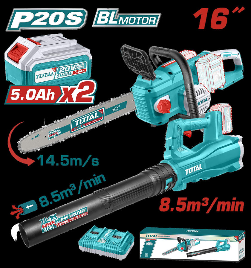 Juego De Motosierra Y Sopladora Inalambrica 20V Incluye 2 Baterias 50 Ah  Y Cargador Doble Industrial Super  Total Utosli240463