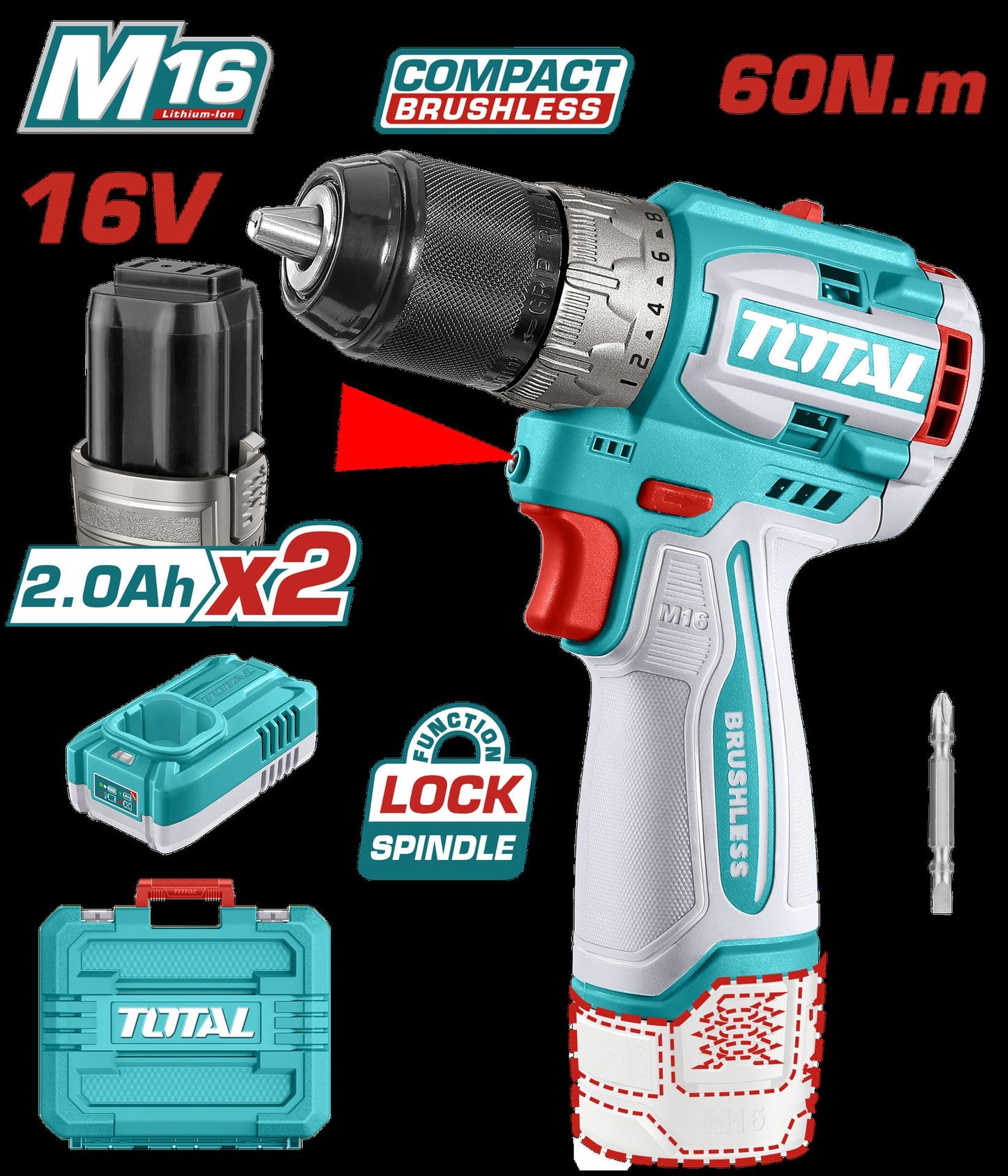 Taladro Inalambrico 12 16V 60Nm Incluye 2 Baterias 20Ah Y Cargodor  Industrial Super Total Utdli16682