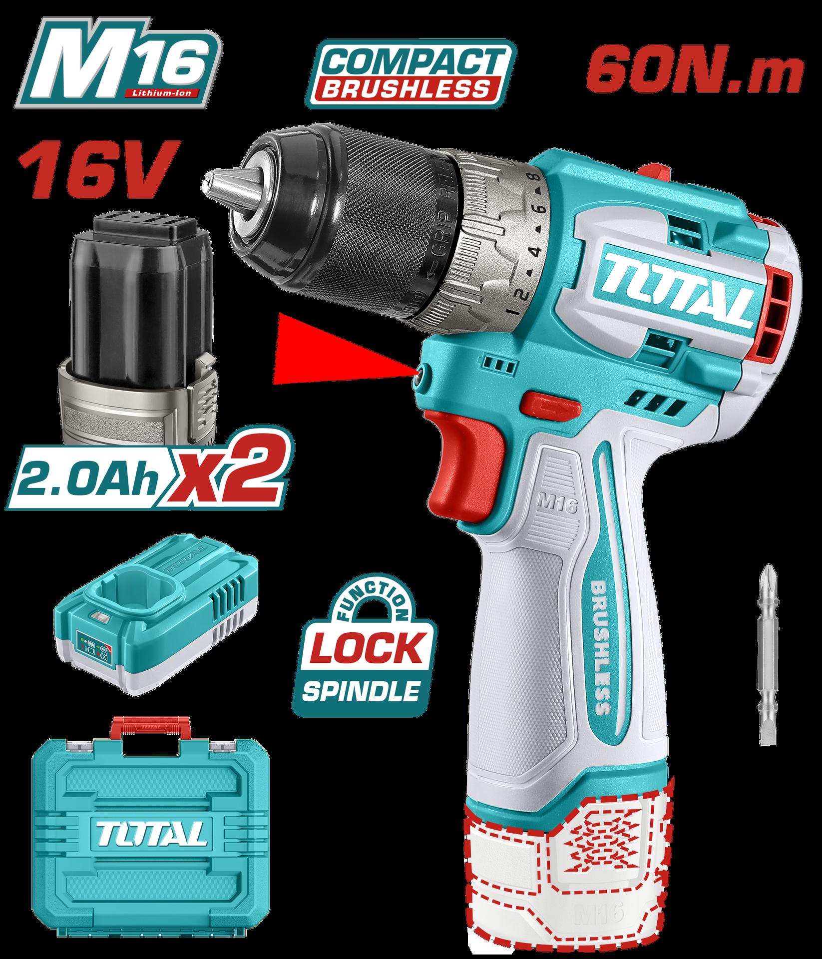 Taladro Inalambrico 12 16V 60Nm Incluye 2 Baterias 20Ah Y Cargodor  Industrial Super Total Utdli16682