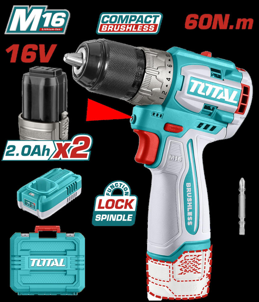 Taladro Inalambrico 12 16V 60Nm Incluye 2 Baterias 20Ah Y Cargodor  Industrial Super Total Utdli16682