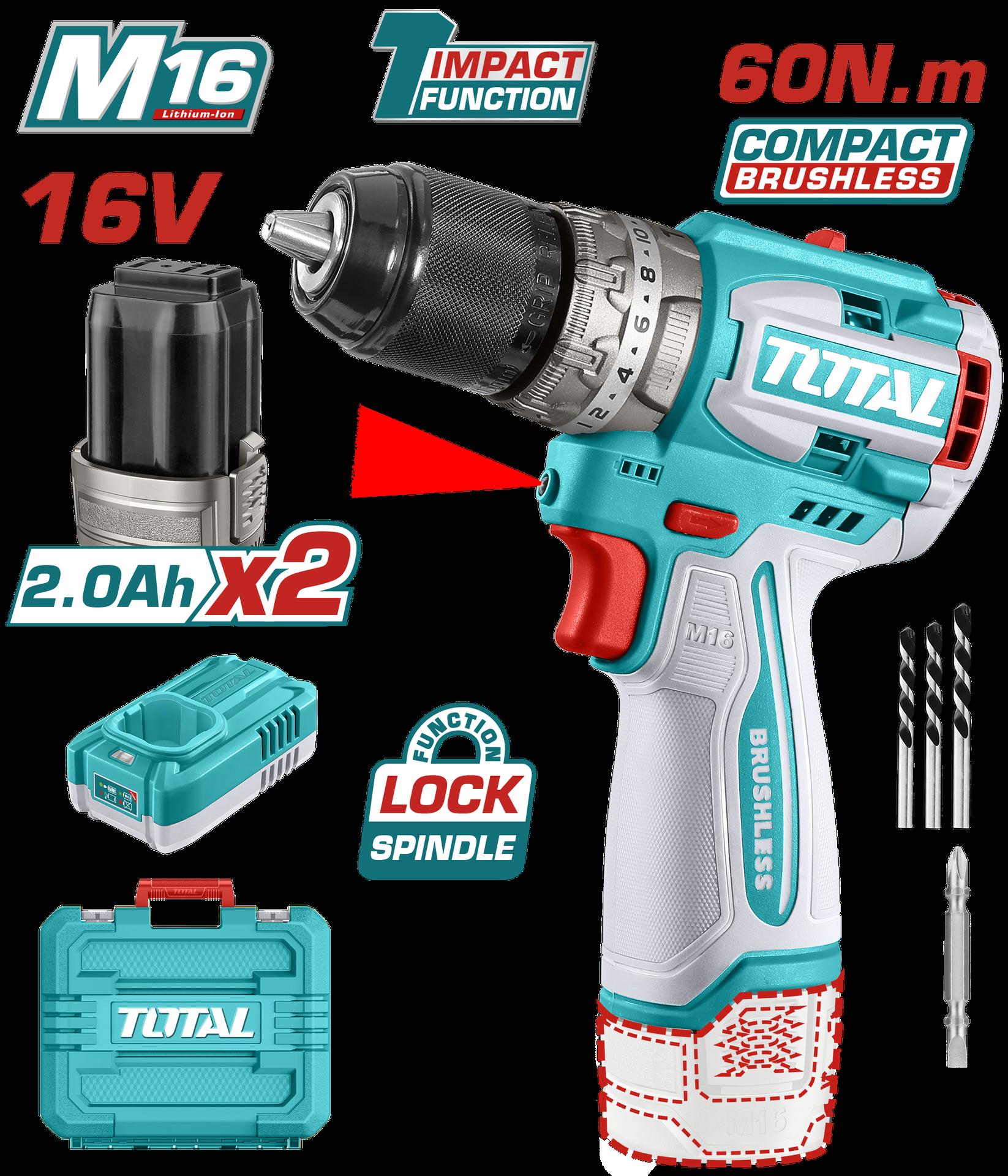 Taladro Inalambrico Percutor 12 16V 60Nm Incluye 2 Baterias 20Ah Y Cargodor  Industrial Super Total Utidli16682