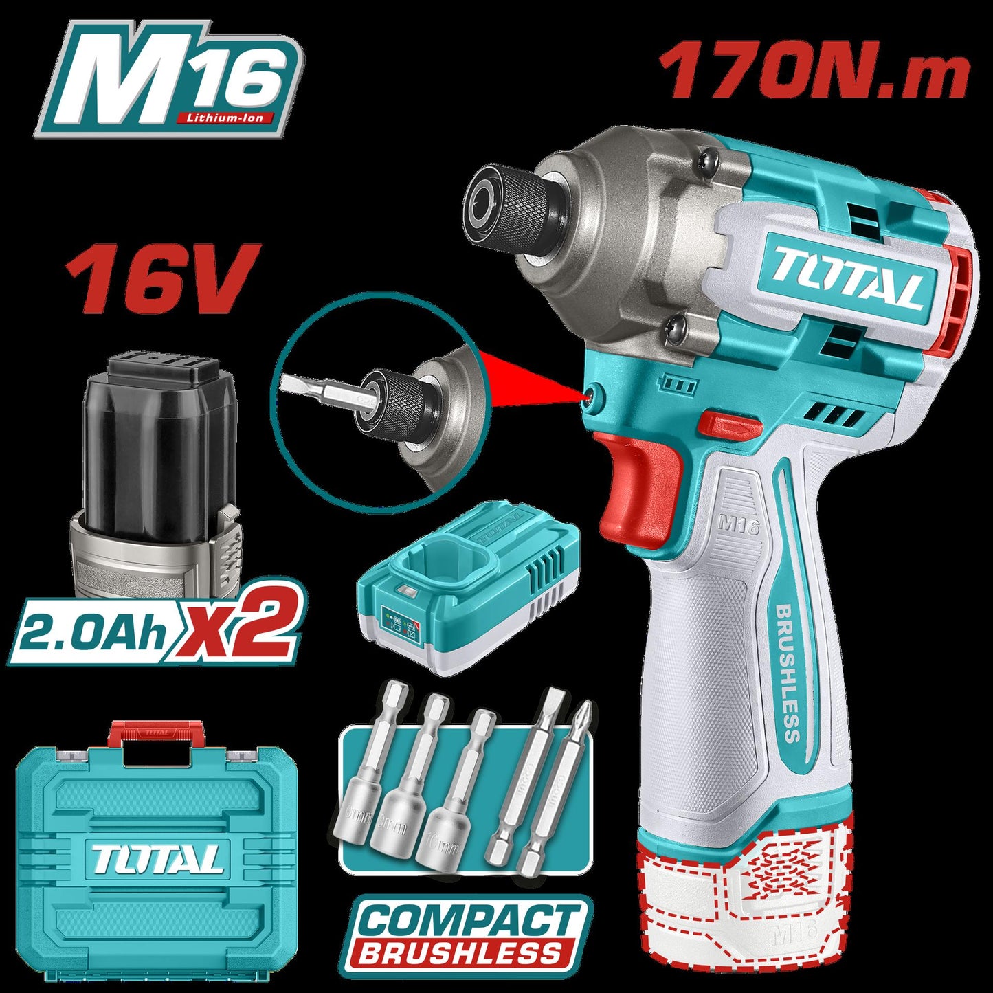 Atornillador De Impacto Inalambrico  16V 170Nm  Incluye 2 Baterias 20Ah Cargador  Punta Taladro Y  Copa  Industrial Super Total Utirli16178