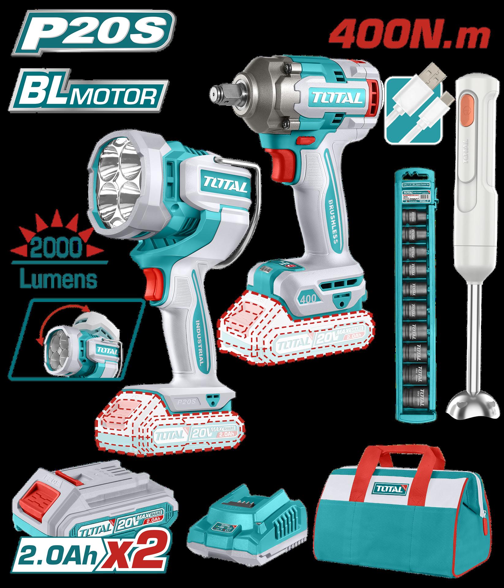 Combo Inalambrico 20V Pistola Impacto Inalambrica 12 400Nm  Lampara De Trabajo Inalambrica 2000 Lumenes  Batidora Recargable  Incluye 2 Baterias 20 Ah Cargador Y Copas Industrial Super Total  Utosli240961