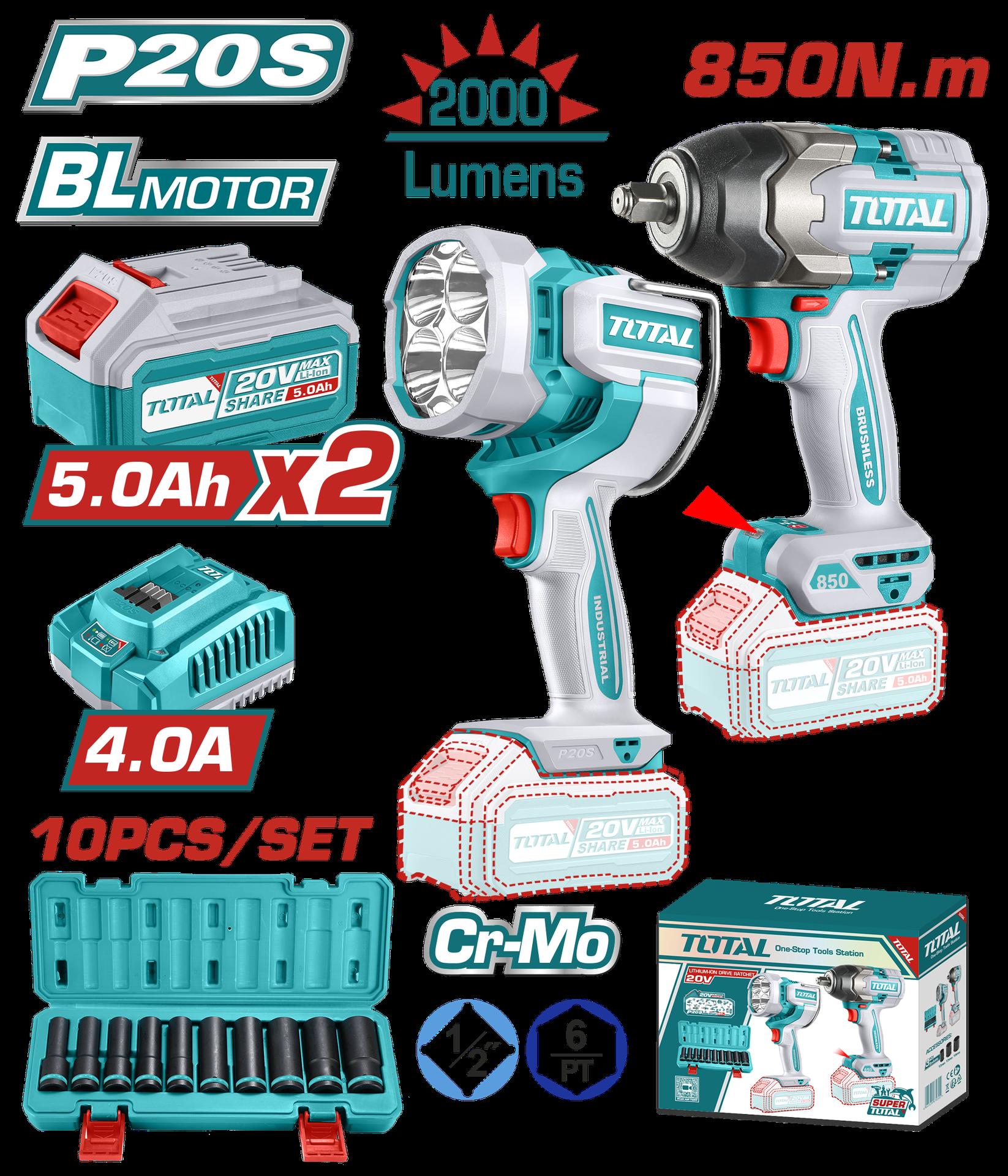 Combo Inalambrico 20V Pistola Impacto Inalambrica 12 850 Nm  Lampara De Trabajo Inalambrica 2000 Lumenes   Juego De Copa  1024Mm  Incluye 2 Baterias 50 Ah Cargador Y  Super Total  Utosli241181
