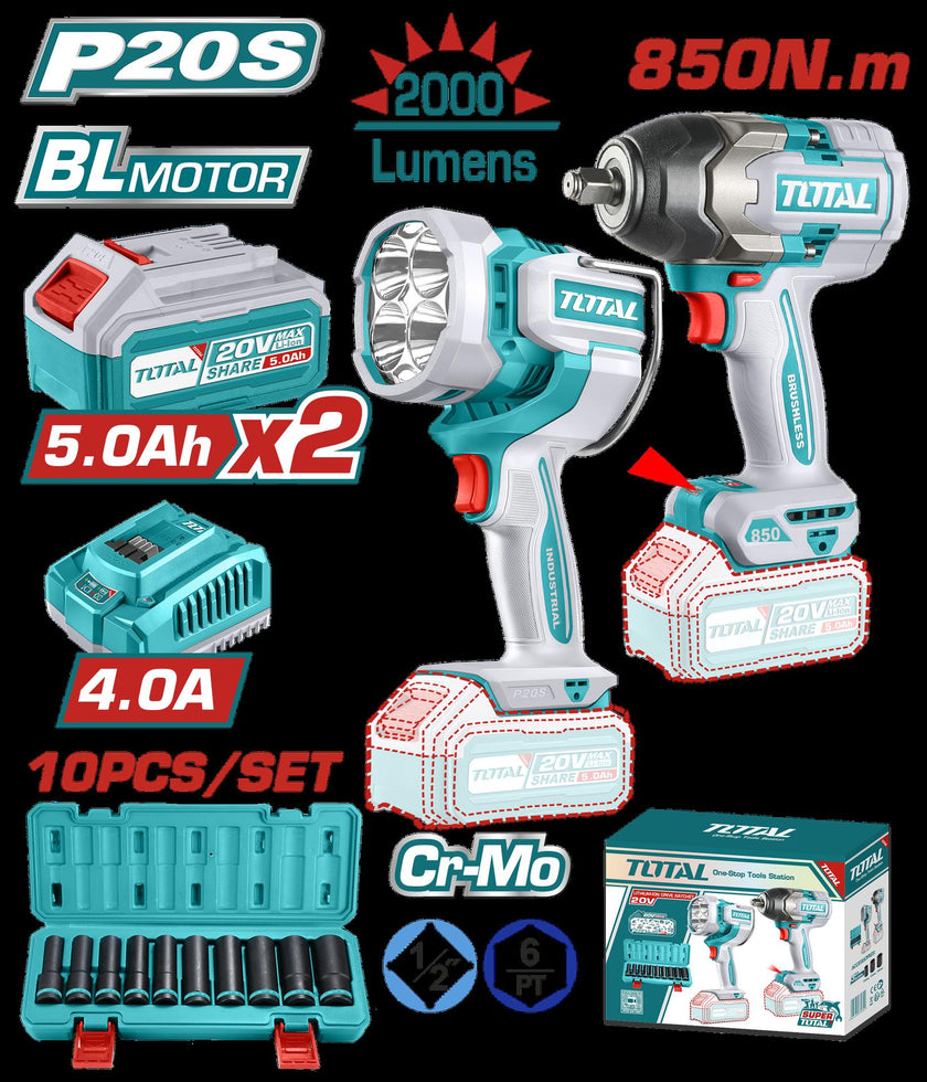 Combo Inalambrico 20V Pistola Impacto Inalambrica 12 850 Nm  Lampara De Trabajo Inalambrica 2000 Lumenes   Juego De Copa  1024Mm  Incluye 2 Baterias 50 Ah Cargador Y  Super Total  Utosli241181