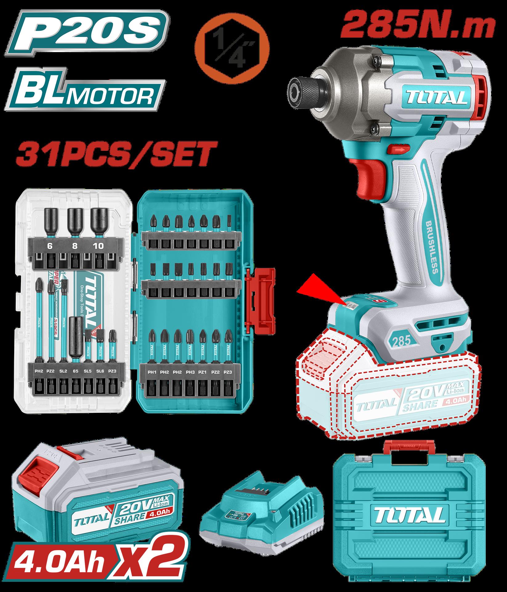 Atornillador De Impacto Inalambrico 14 20V 285Nm  Juego De Puntas X 31 Pzs Incluye 2 Baterias 40Ah Y Cargador  Industrial Super Total Utosli240966