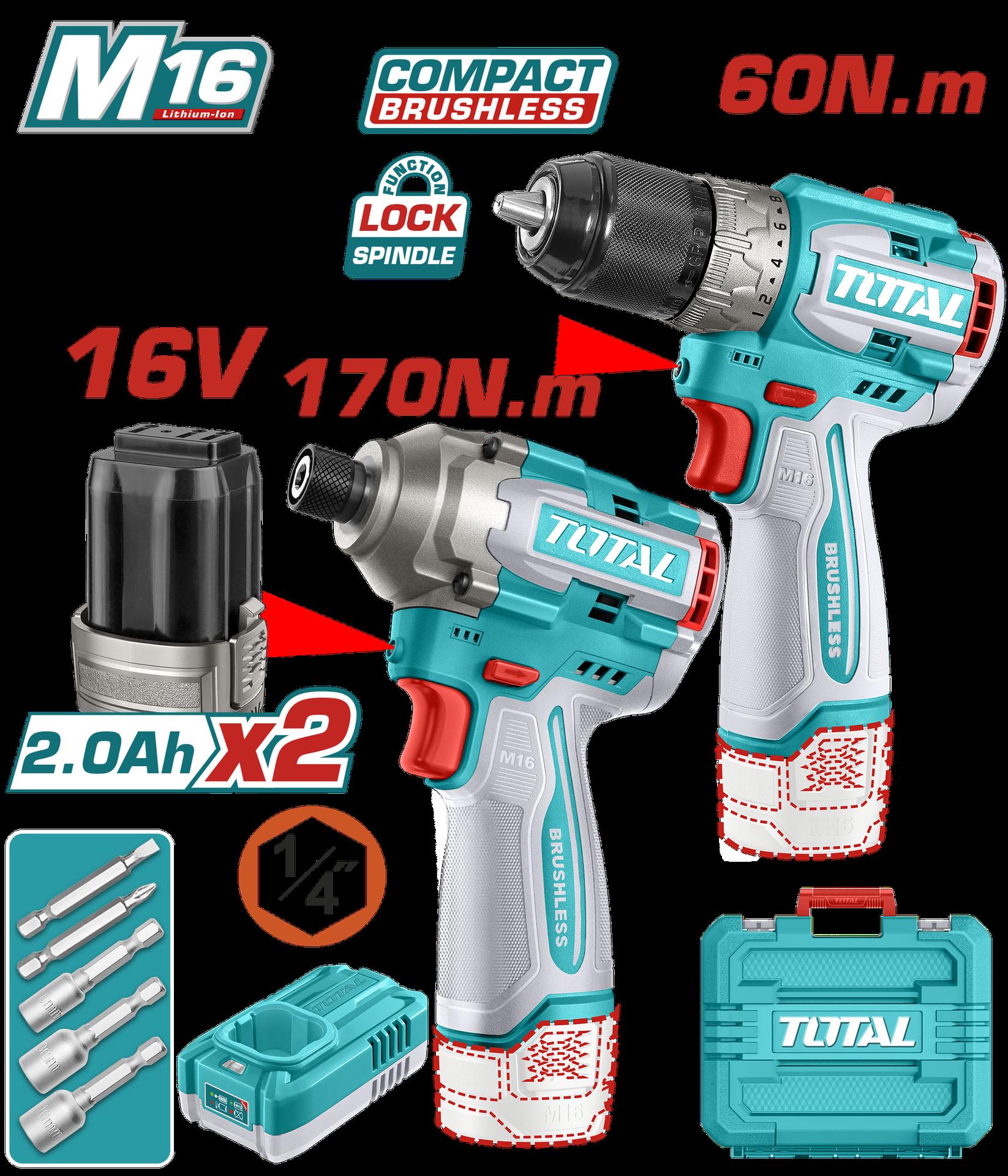 Combo Inalambrico  16V Taladro 12 60Nm  Atornillador De Impacto 170Nm Incluye 2 Baterias 1 Cargador  Copa Tornillo Industrial Super Total Utosli240968