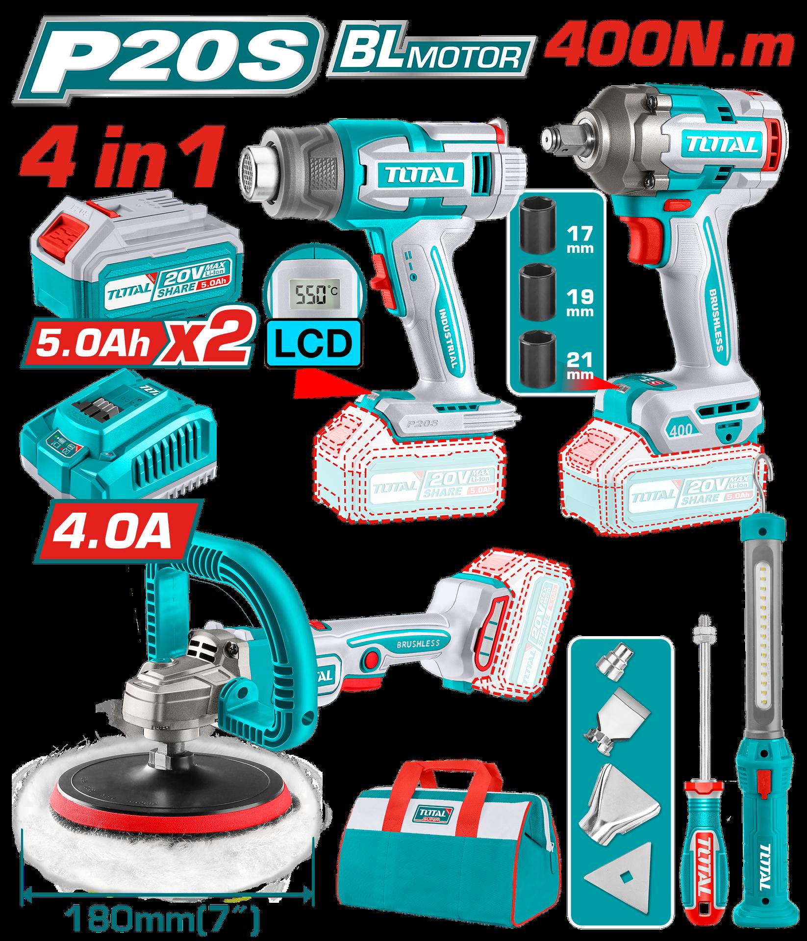 Combo Inalambrico 20V Polichadora  7  Pistola Impacto 12 400 Nm  Pistola Calor  Lampara De Trabajo  300 Lumenes Incluye 2 Baterias 50Ah 1 Cargador  Y  Accesorios Industrial Super Total Utosli241182