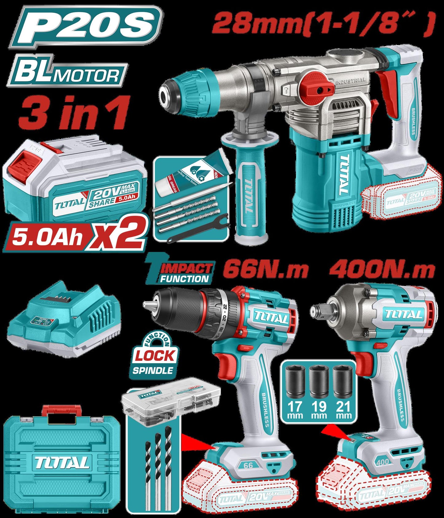 Combo Inalambrico  20V  Taladro  Atornillador 12 66 Nm   Pistola De Impacto 12  400 Nm  Taladro Rotomartillo Sds Plus  45 Jules  Incluye 2 Bateria 50Ah  1 Cargador Y Accesorios  Industrial  Super Total Utckli20638