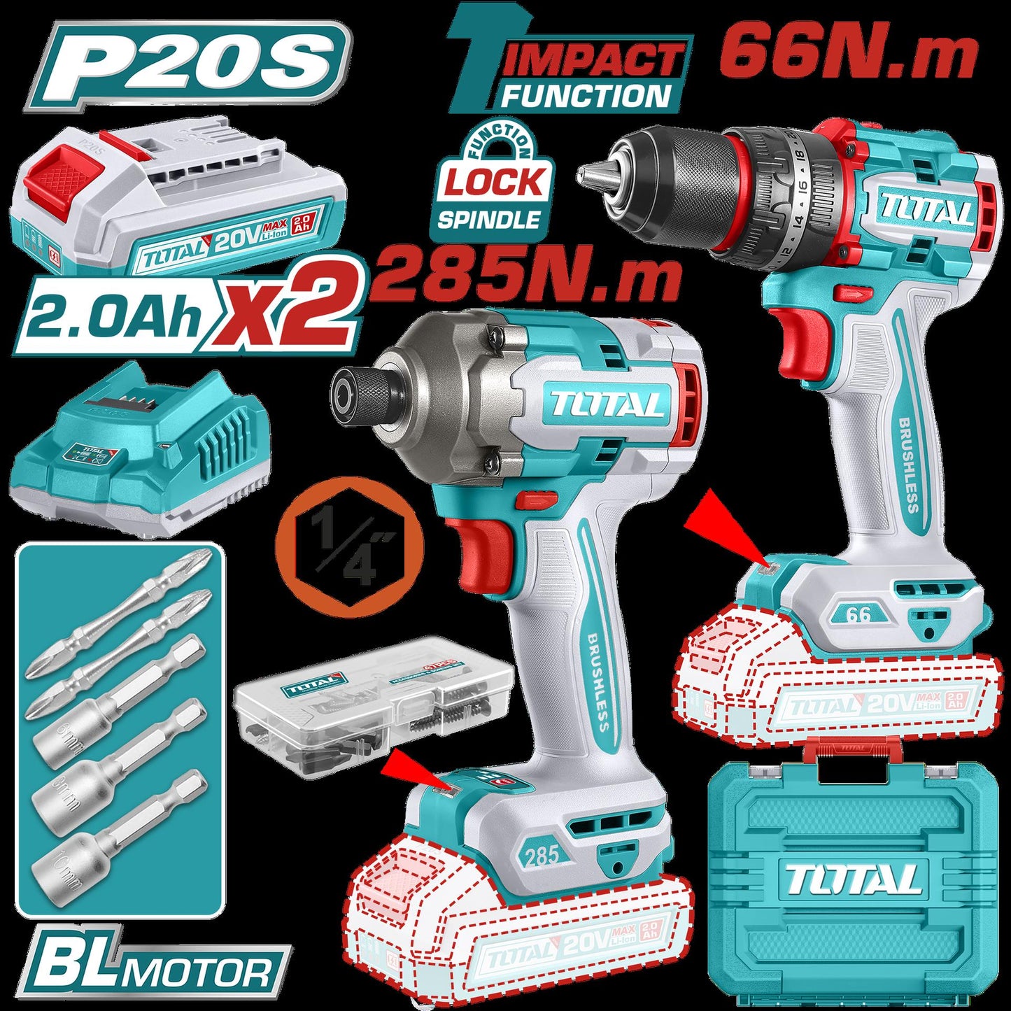 Combo Inalambrico Taladro 12 66 Nm  Atornillador De Impacto 14 20V 285 Nm Incluye 2 Bateria 20Ah  1 Cargador Y Accesorios Industrial Super Total Utckli20277