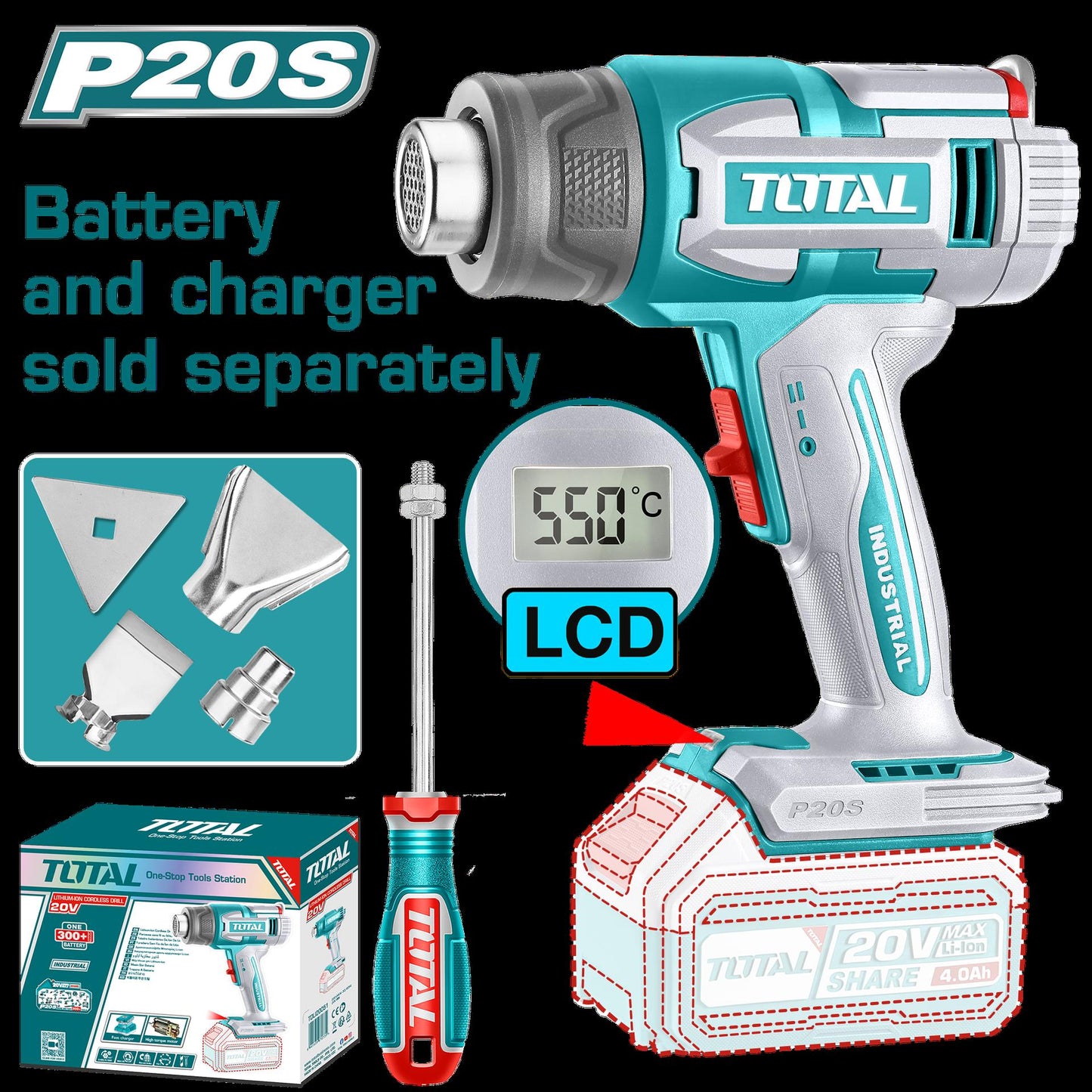 Pistola Calor Inalambrica  20V Con Temperatura Ajustable Pantalla Lcd Incluye 4 Boquillas 1 Rascador Bateria  Y Cargador  No Incluido Industrial Super Total Tbli2003