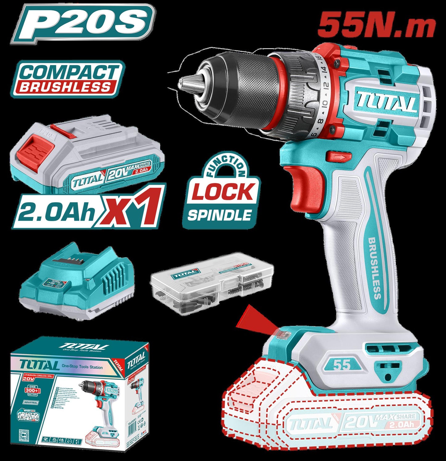 Taladro Atornillador Inalambrico 12 20V 55Nm Incluye 1 Bateria De 20Ah Cargador47 Accesorios Total Utdli205582