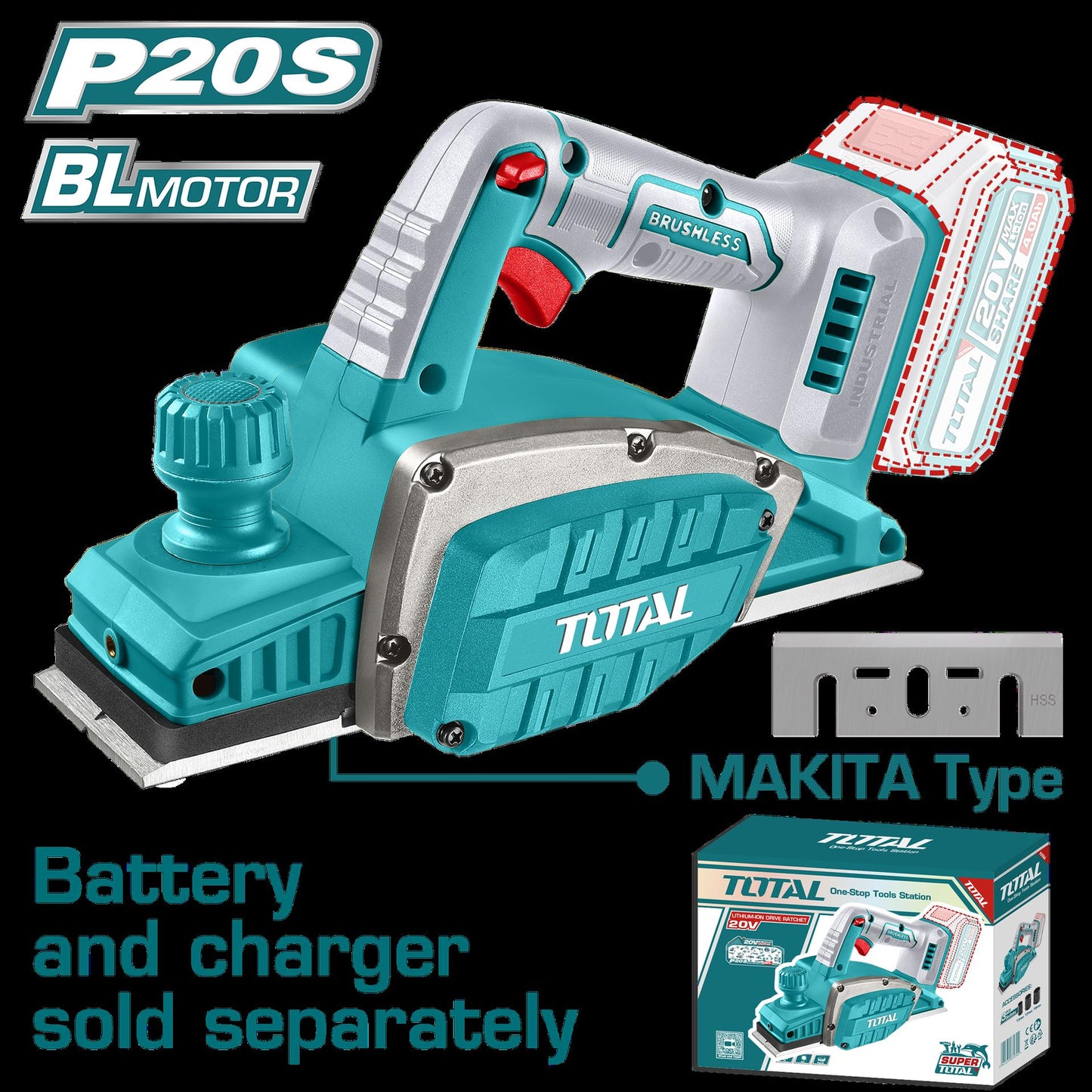 Cepillo Inalambrico Para Madera 20V  Incluye Guia Y Llave Bateria Y Cargador No Incluido Industrial Super Total Trli20401