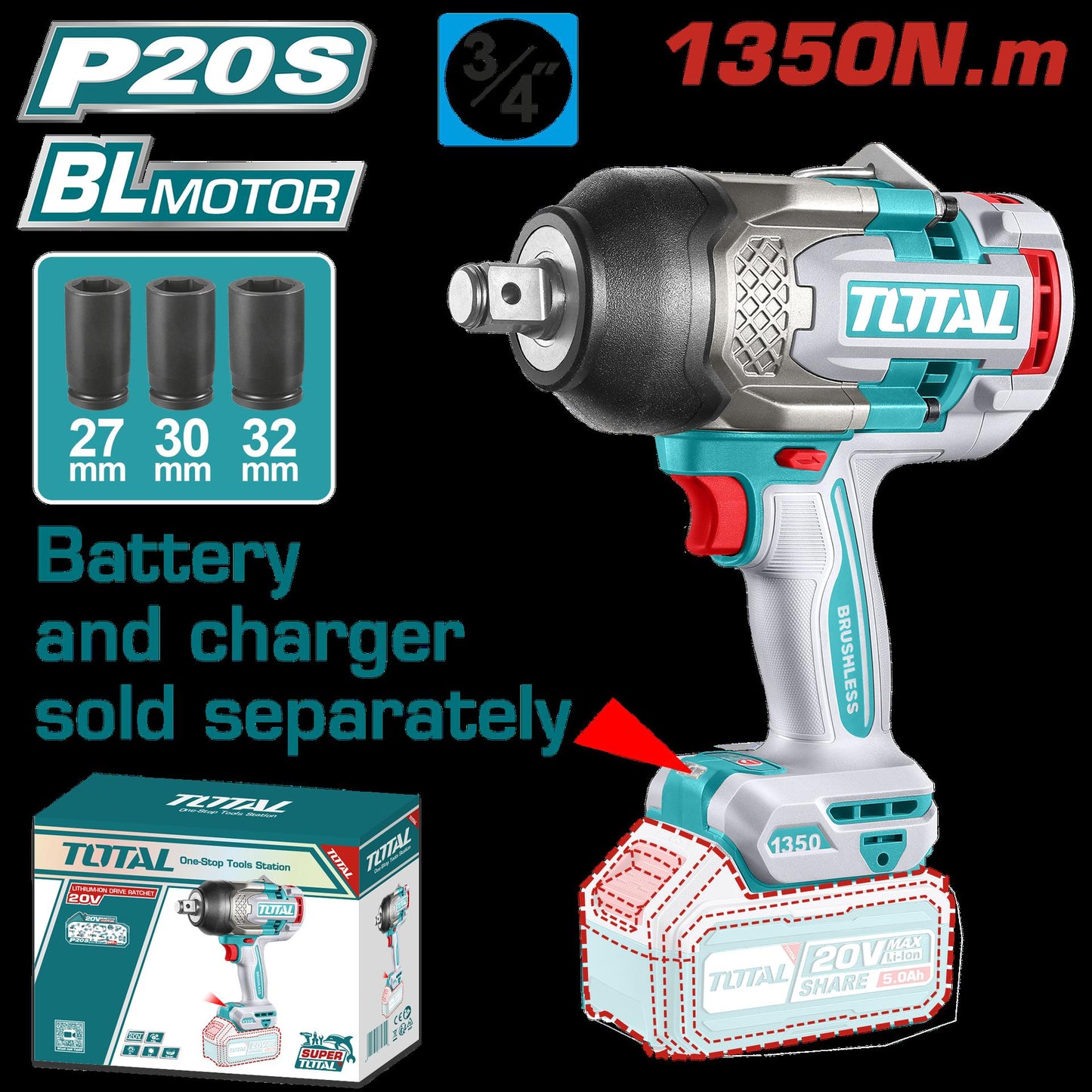 Pistola Impacto Inalambrica 34 20V 1350Nm  Incluye 3 Copas 273032 Mm Cargador Y Bateria Se Venden Por Separado Industrial Super Total Tiwli201351